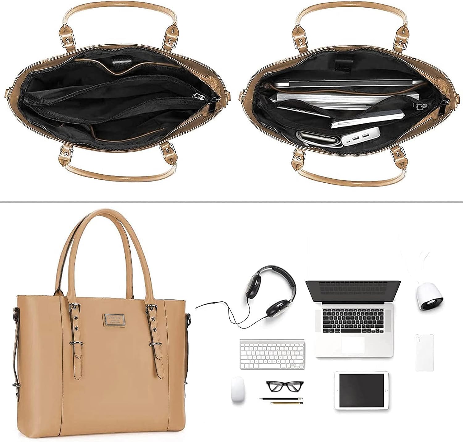 Left. mosiso - Waterproof PU Leather Laptop Bag for Women 15.6 Inch, Vintage Briefcase Shoulder Tote Computer Bag for Work & Office - Apricot.