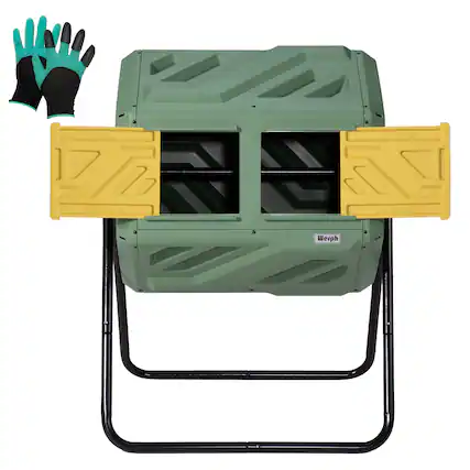 Front. Werph - 43 Gallon Dual Chamber Compost Tumbler, Fast Assembly with Gloves, 360° Rotating for Garden, Kitchen & Yard Waste - Grass Green.