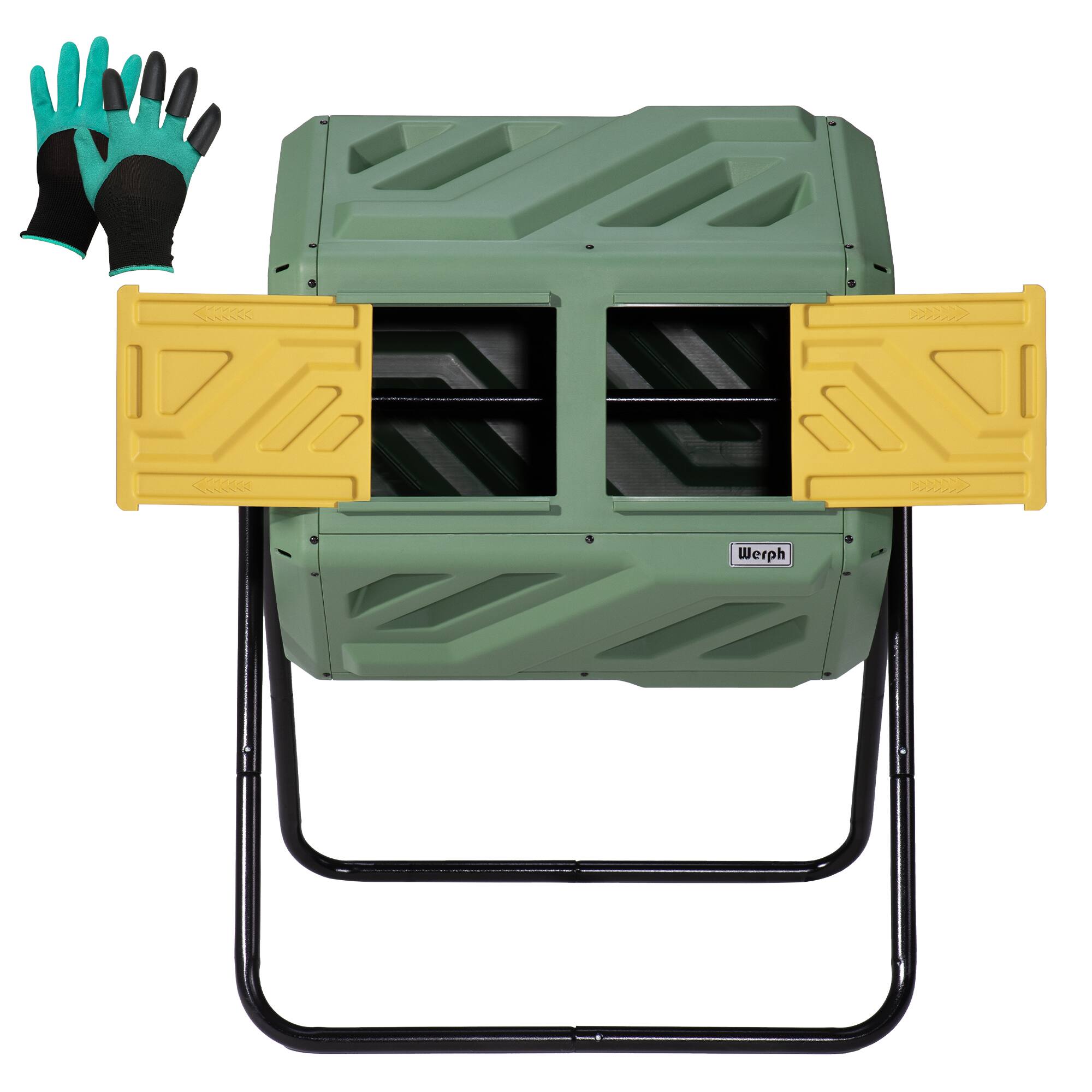 Front. Werph - 43 Gallon Dual Chamber Compost Tumbler, Fast Assembly with Gloves, 360° Rotating for Garden, Kitchen & Yard Waste - Grass Green.