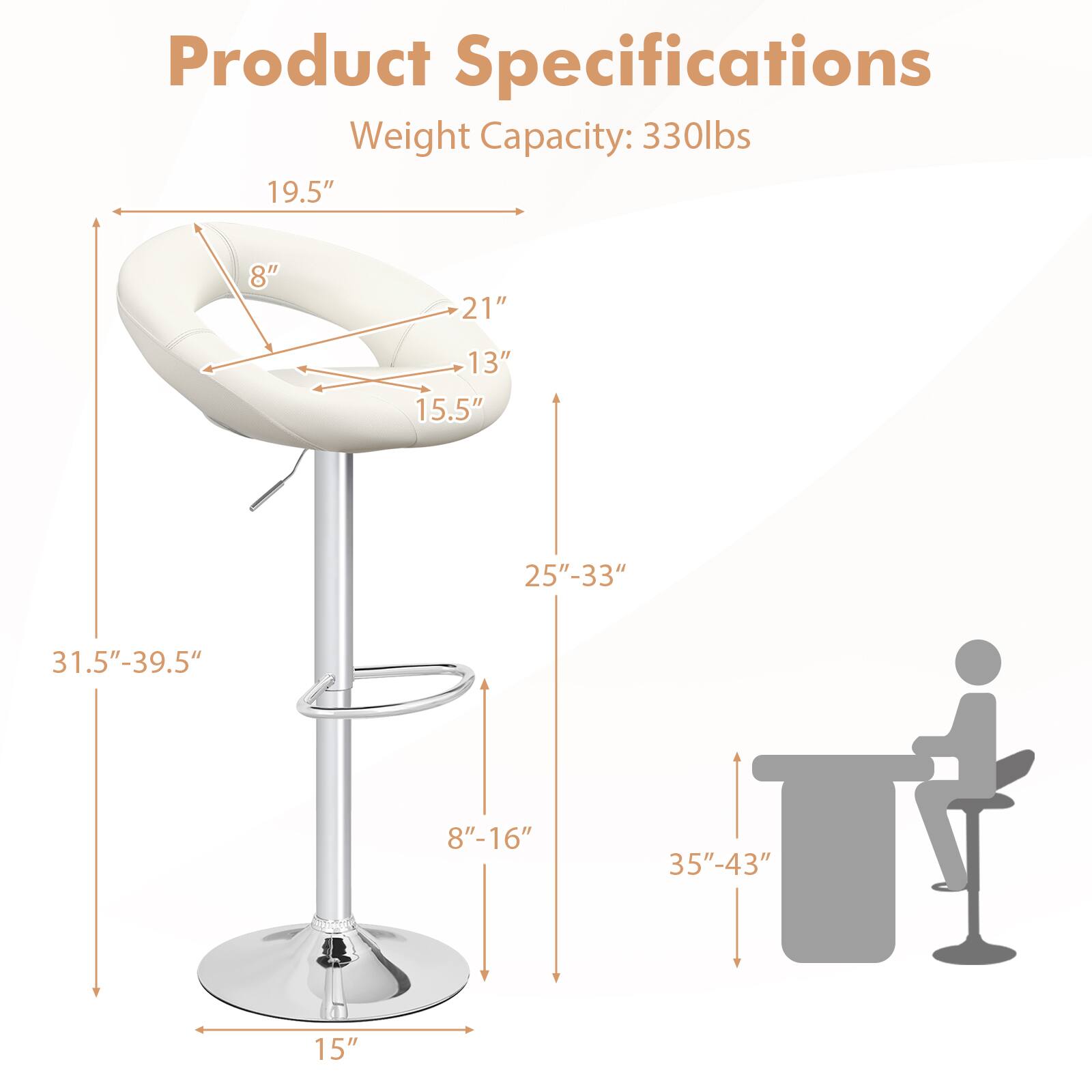 Product Specifications
Weight Capacity: 330lbs
19.5"
8"
21"
13"
15.5"
25"-33"
31.5"-39.5"
8"-16"
35"-43"
15"