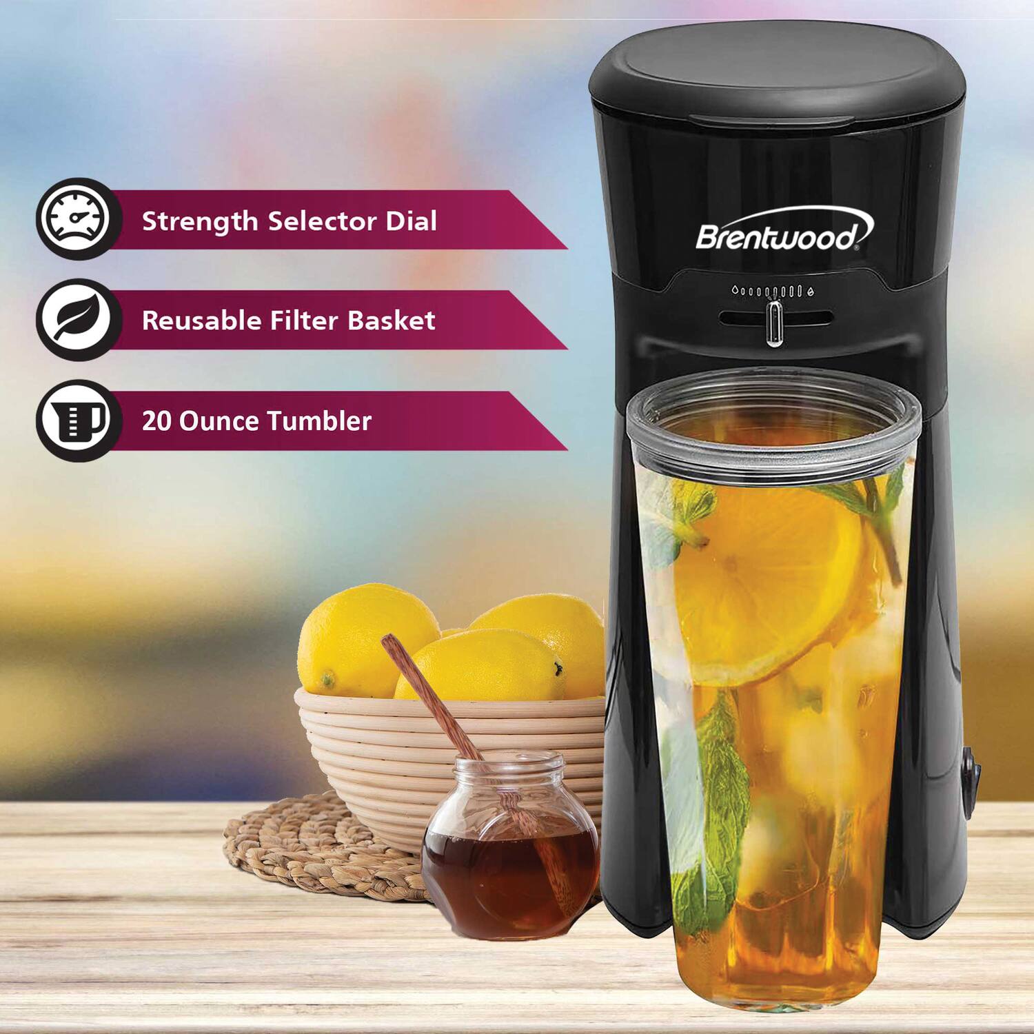 - Strength Selector Dial
- Reusable Filter Basket
- 20 Ounce Tumbler