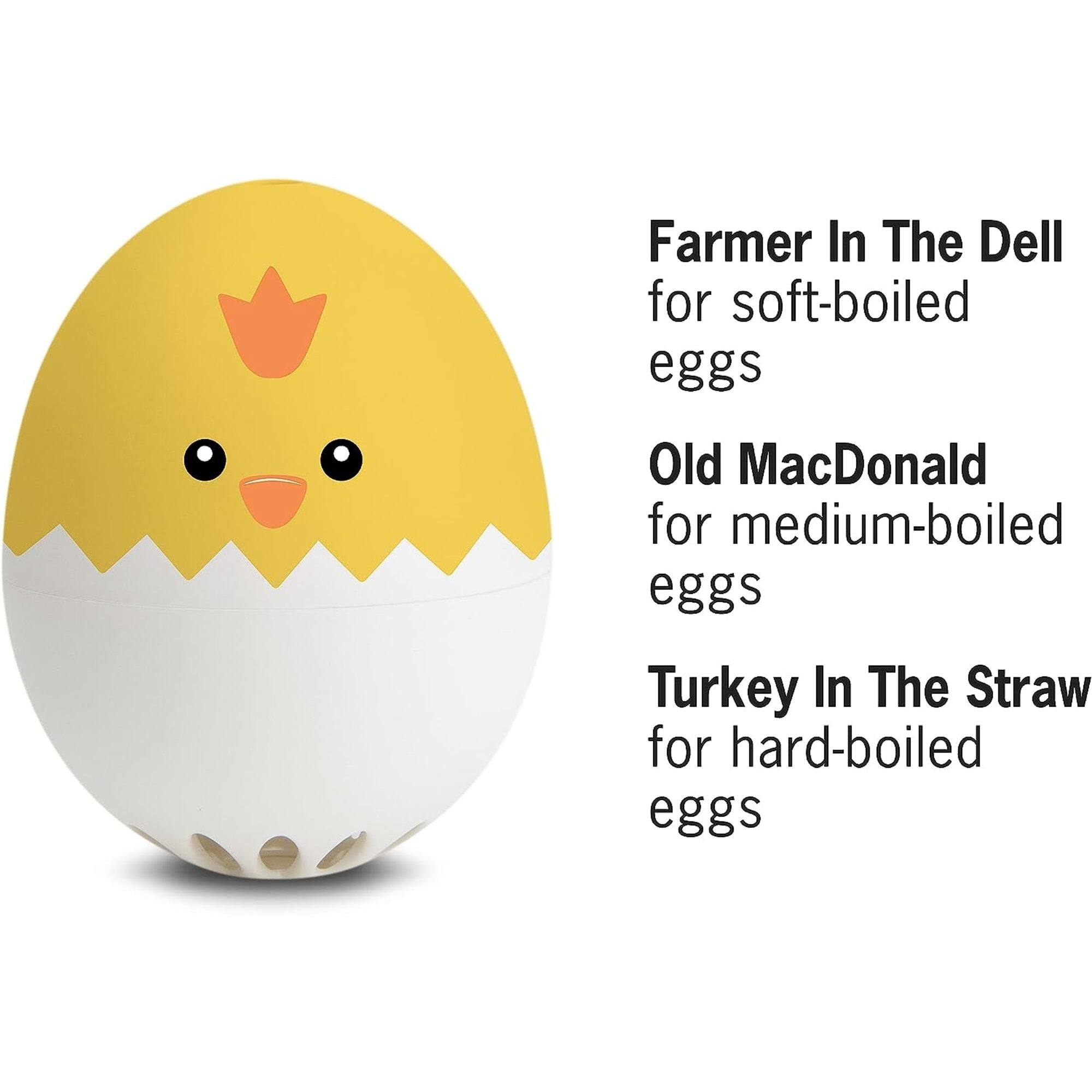 Farmer In The Dell for soft-boiled eggs  
Old MacDonald for medium-boiled eggs  
Turkey In The Straw for hard-boiled eggs