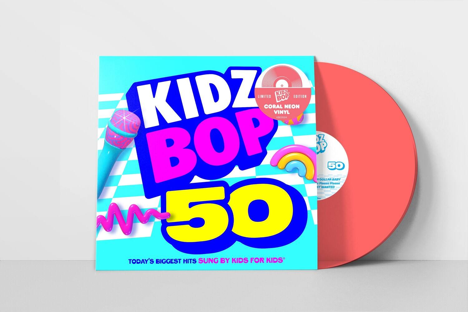 KIDZ BOP 50  
LIMITED EDITION CORAL NEON VINYL  
TODAY'S BIGGEST HITS SUNG BY KIDS FOR KIDS  

50  
1 DOLLAR BABY  
Please Please  
ST WANTED  

KIDZ BOP  
LIMITED EDITION  
CORAL NEON VINYL