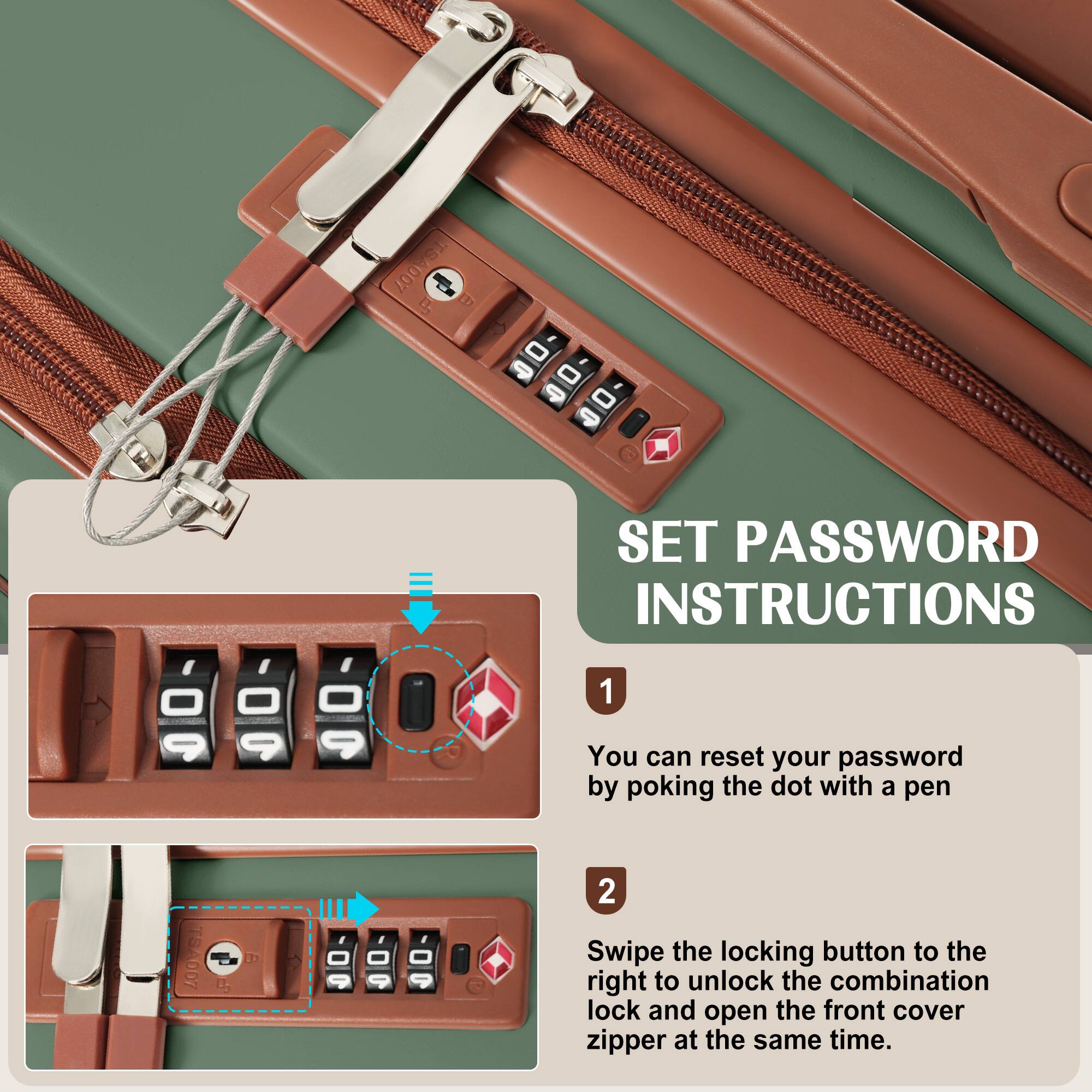 SET PASSWORD INSTRUCTIONS

1. You can reset your password by poking the dot with a pen.

2. Swipe the locking button to the right to unlock the combination lock and open the front cover zipper at the same time.