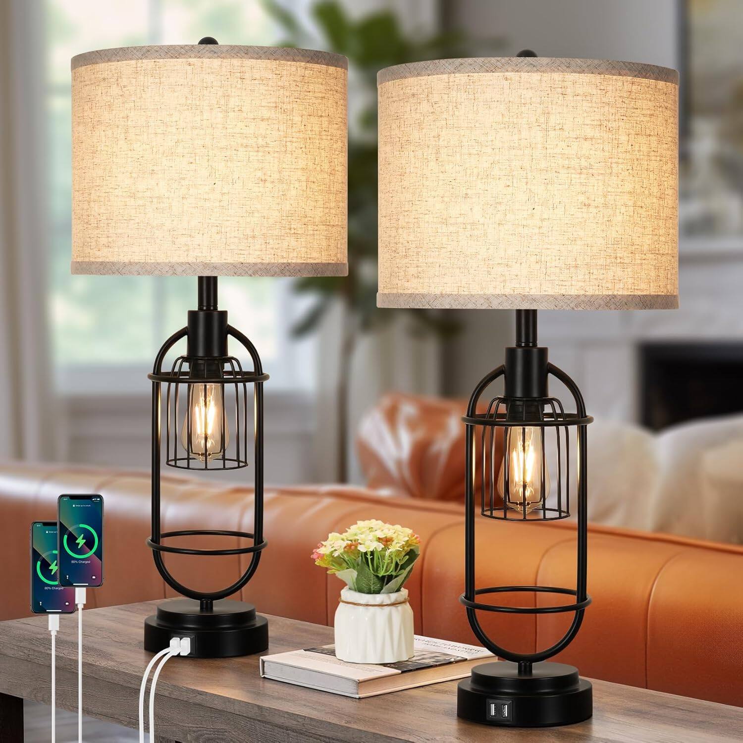Angle. Nordic Hygge - Set of 2 Table Lamps for Living Room with USB Ports, 29" Tall 2-Light Bedside Lamps, Farmhouse Nightstand Lamp - Cream.