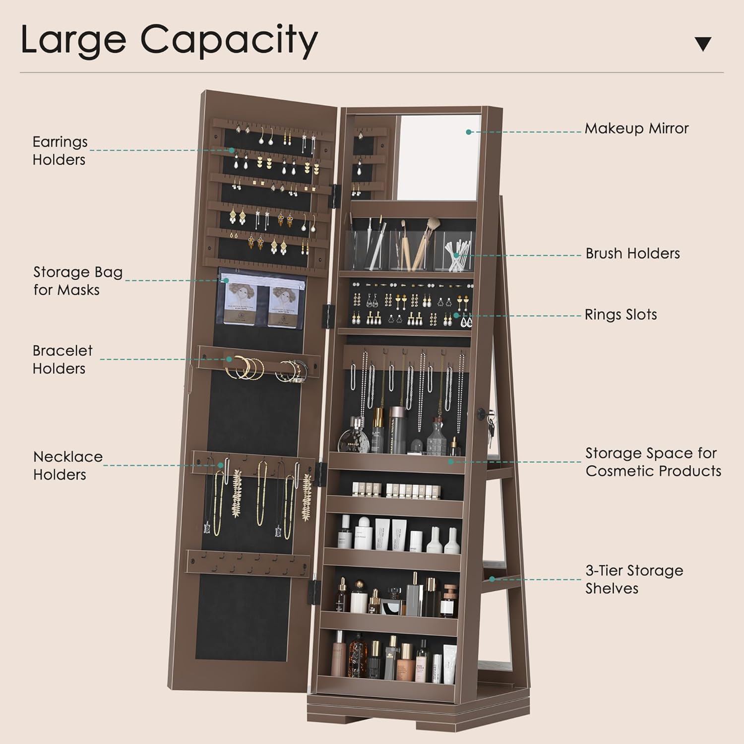 Large Capacity Earrings Holders Makeup Mirror Storage Bag for Masks Brush Holders Rings Slots Bracelet Holders Necklace Holders Storage Space for Cosmetic Products 3-Tier Storage Shelves