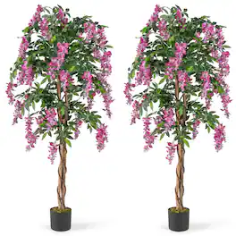 Costway - 2 PCS 5.5 FT Tall Artificial Ficus Tree Faux Wisteria Plant in Nursery Pot Decoration Pink - Green,Brown,Rosy