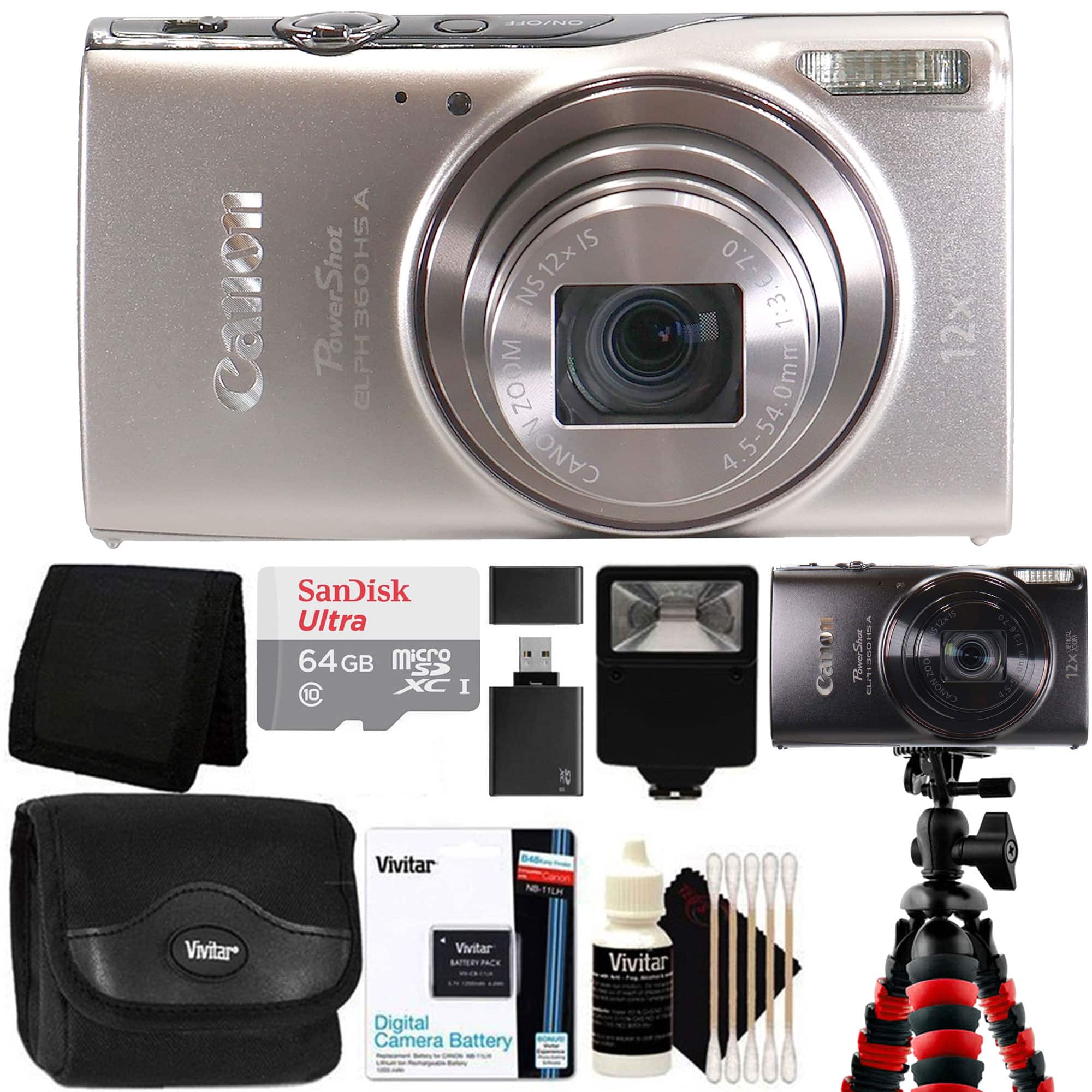 Canon - PowerShot ELPH 360 HS A Digital Camera All You Need Accessory Kit - Silver