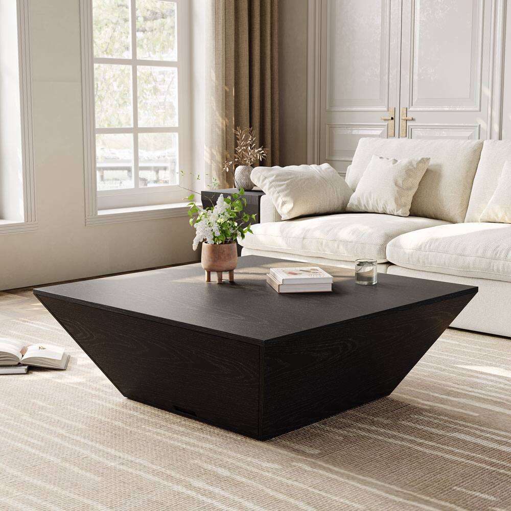 Alt View 7. POVISON - 39" Fully Assembly Square Wood Coffee Table with Storage, Mid-Century Modern Trapezoid Coffee Table with 1 Drawer, Black - Black.