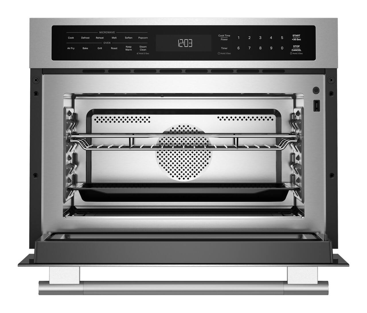 Cook Air Fry Defrost Reheat Melt Soften Popcorn Oven Bake Grill Roast Keep Warm Steam Clean Oven Timer Power Start +30 Sec Stop Cancel