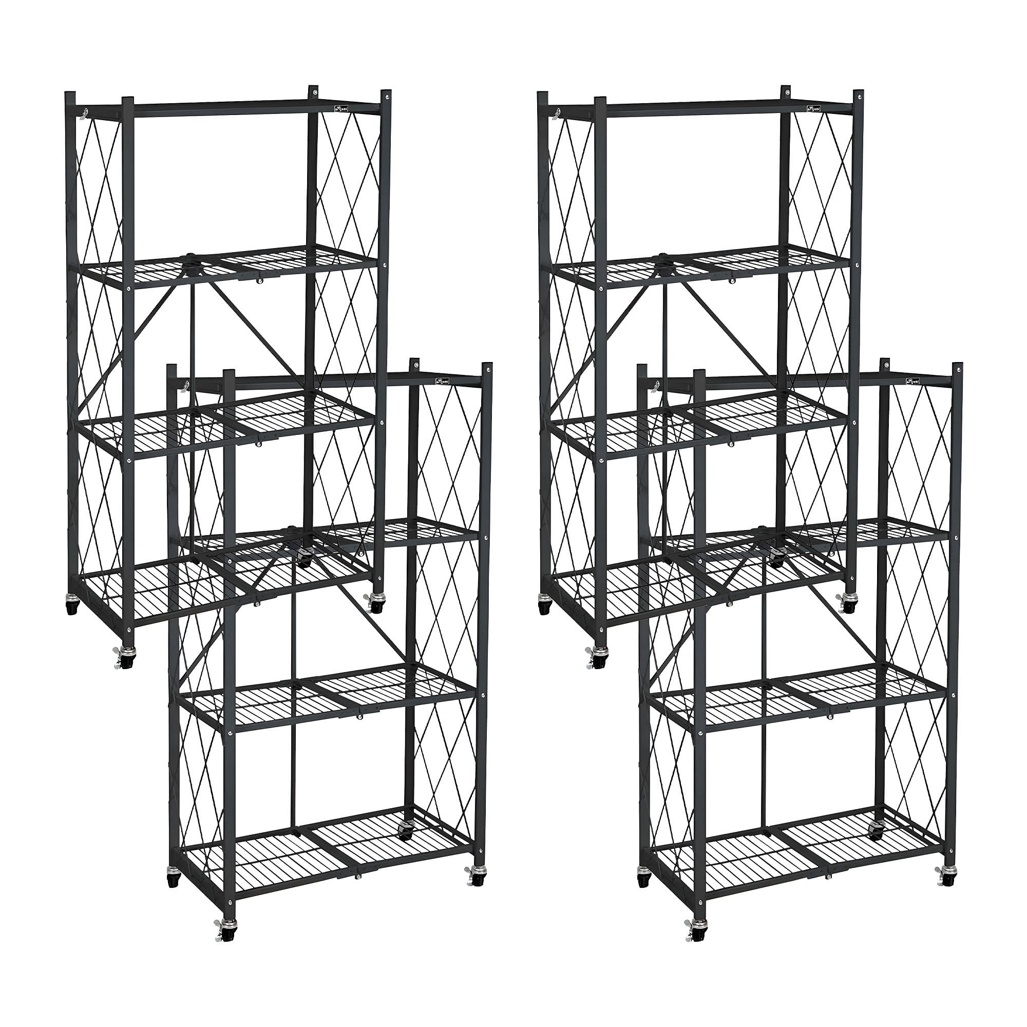 Origami - 4 Pack 4 Tier Folding Garage Shelves Heavy Duty Shelving with Wheels - Black