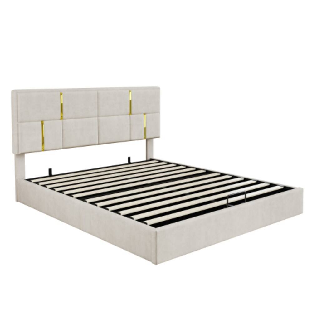 Back. LUCKY ONE - Queen Size Upholstered Platform Bed with Hydraulic Storage System, Soft Fabric Headboard, No Box Spring Needed - Beige.