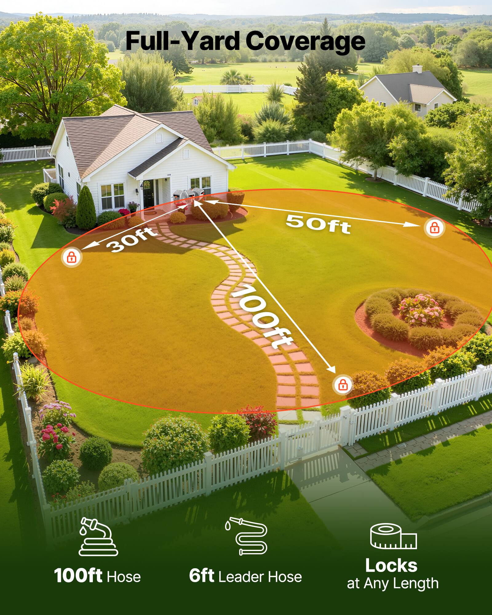 Full-Yard Coverage  
30ft 50ft 100ft  
100ft Hose  
6ft Leader Hose  
Locks at Any Length