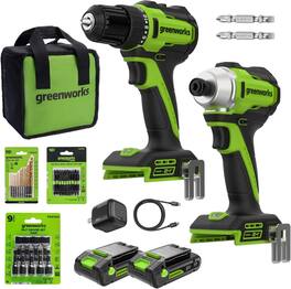 Greenworks - 24V PowerAll 3/8" Drill and Impact Driver Combo Kit, (2) 2Ah Batteries, 30W Charger, and 29pcs Bits Set - Green