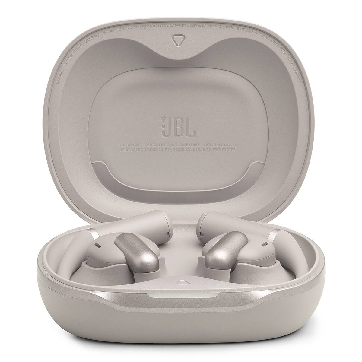 RO I BATTERY CAPACITY: 0007V CSORAR WUSENTE 2:44W19 INPUT) (MODEL) WASA CASE BUTPUTAFER CHARGING DMOU CH HEADSE UBL HARMAN INTERNATIONAL INDUSTRIES, INCORPORATED RND0 DALUOA BLVD NORTHRIDGE en 01329 UNITED STATES

Corrected text based on the image:

JBL  
HARMAN INTERNATIONAL INDUSTRIES, INCORPORATED  
8500 BALBOA BLVD, NORTH RIDGEVILLE, OH 44059, UNITED STATES  
MODEL: SENSE PRO  
BATTERY CAPACITY: 3.87V, 630mAh, 2.44Wh  
INPUT: 5V-1A  
OUTPUT: 5V-0.5A  
RECHARGEABLE