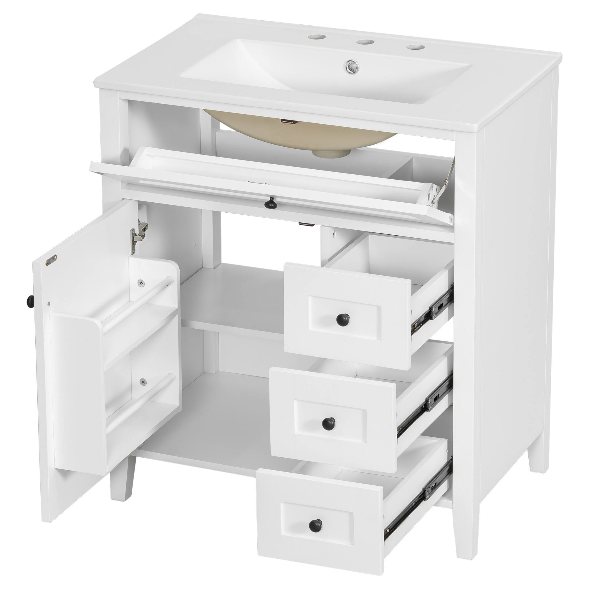 Alt View 1. Whisen - 30 Inch Bathroom Vanity with Ceramic Sink Combo Modern 3 Drawer 1 Left Door Storage Cabinet Freestanding - White.