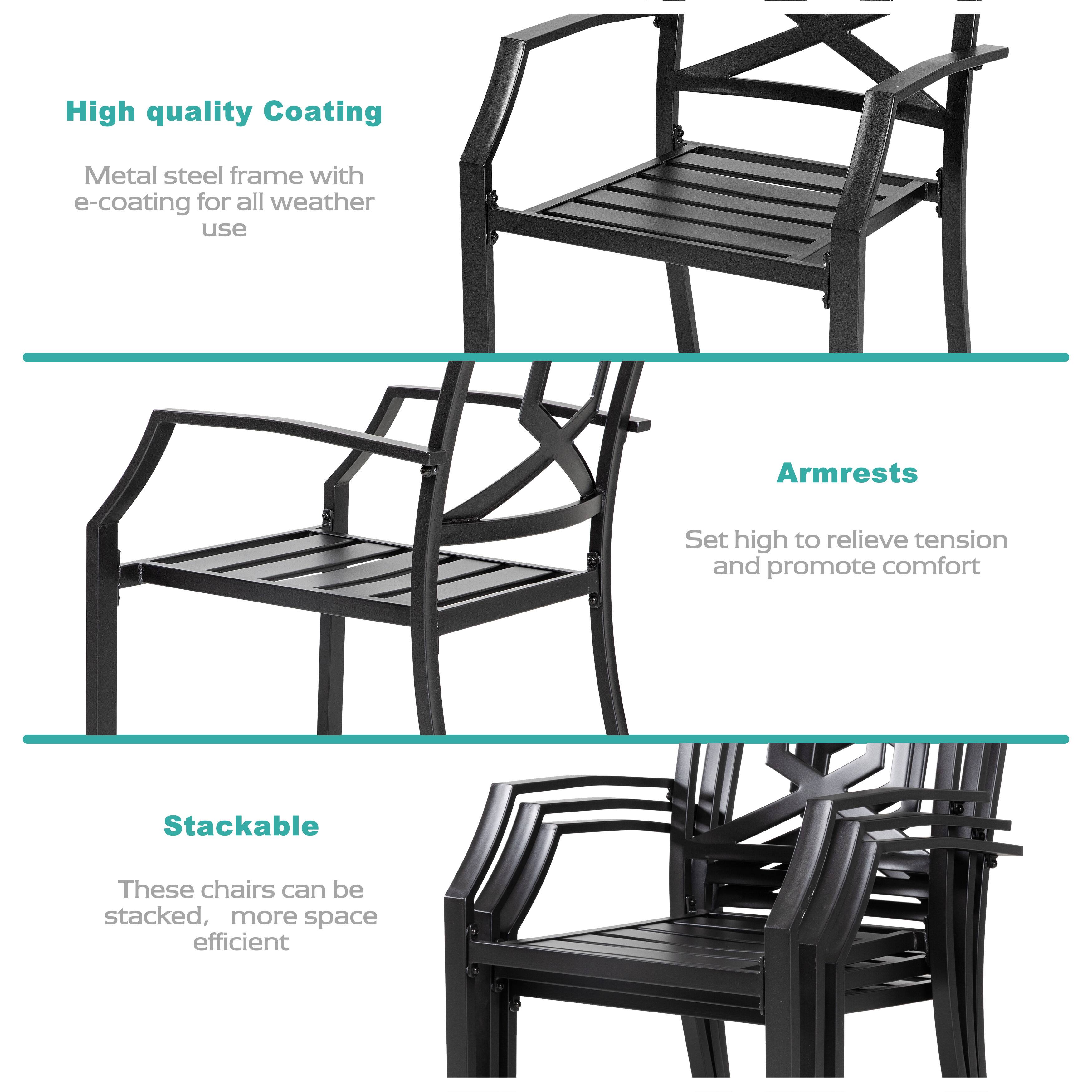 High quality Coating  
Metal steel frame with e-coating for all weather use  

Armrests  
Set high to relieve tension and promote comfort  

Stackable  
These chairs can be stacked, more space efficient
