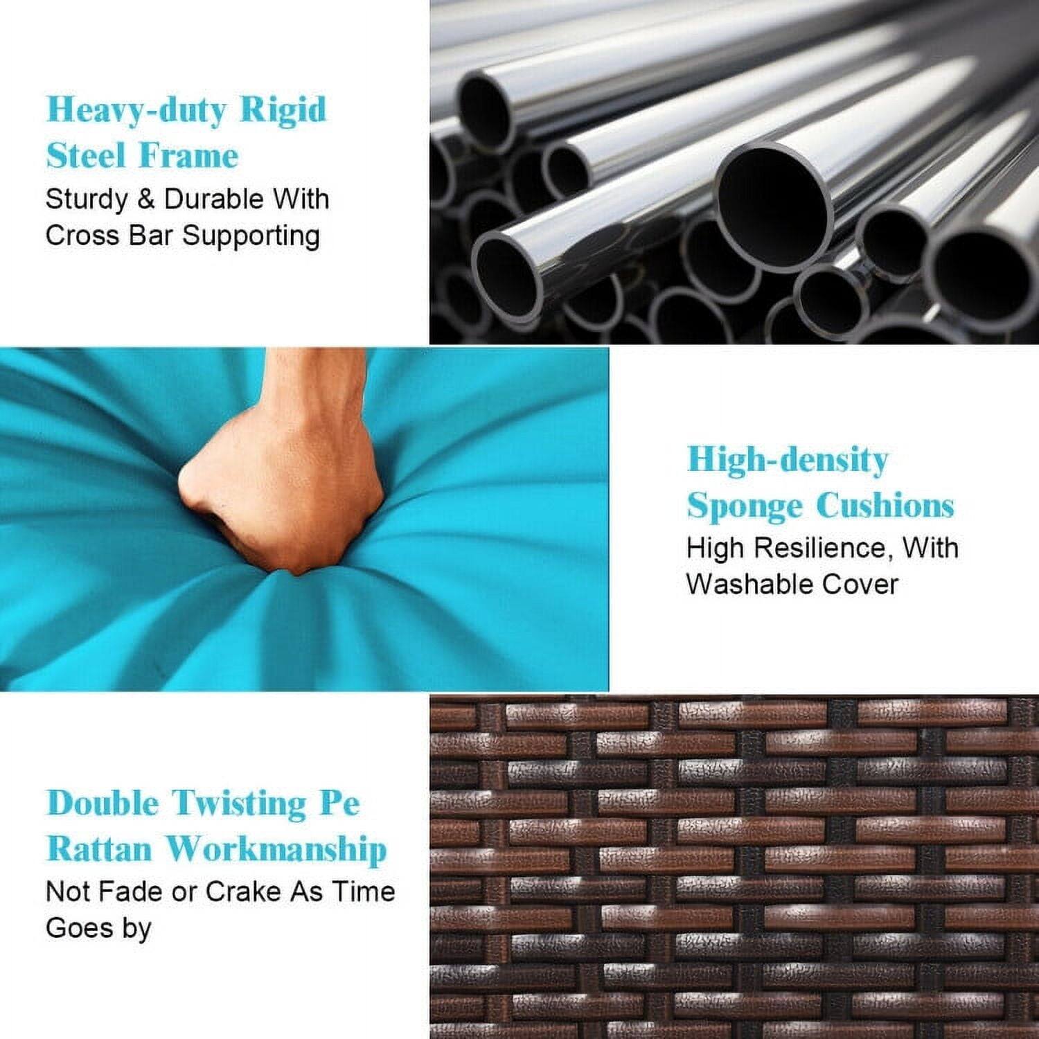Heavy-duty Rigid Steel Frame  
Sturdy & Durable With Cross Bar Supporting  

High-density Sponge Cushions  
High Resilience, With Washable Cover  

Double Twisting Pe Rattan Workmanship  
Not Fade or Crake As Time Goes by