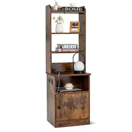 Costway - Nightstand Bedside End Side Table Bookshelf with Charging Station - Rustic Brown