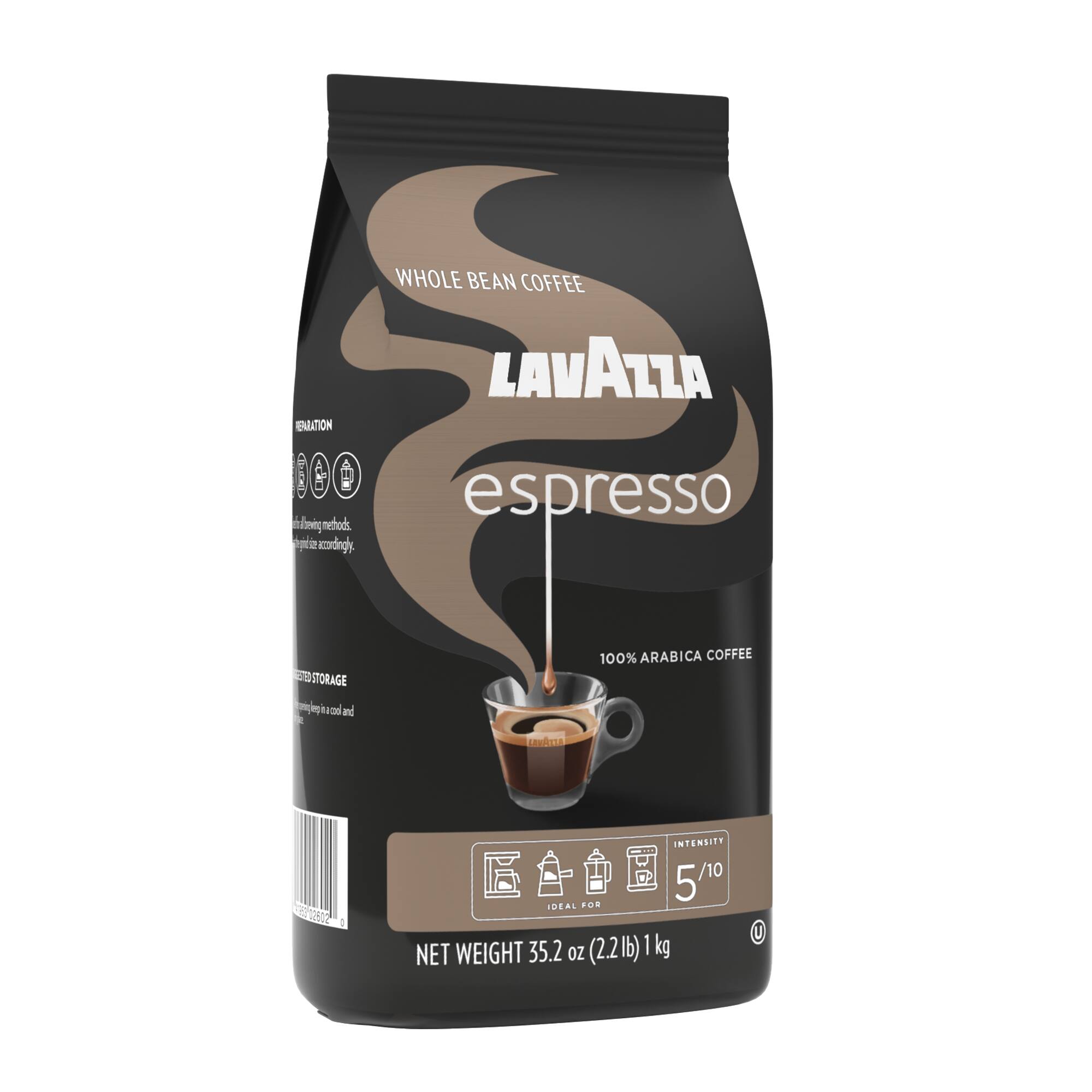 WHOLE BEAN COFFEE  
LAVAZZA  
espresso  
100% ARABICA COFFEE  
INTENSITY 5/10  
IDEAL FOR  
NET WEIGHT 35.2 OZ (2.2lb) 1kg