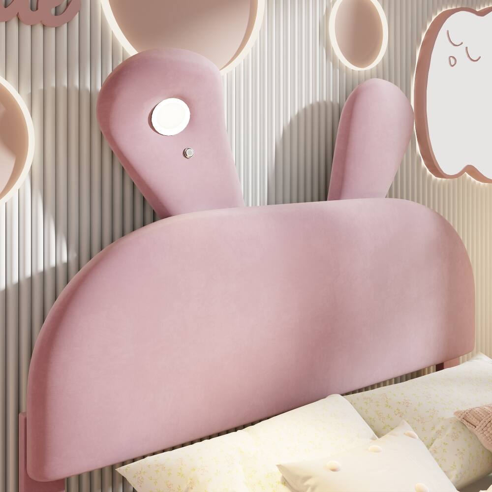 Alt View 3. Loheer - Loheer Full Size Platform Bed Pink Upholstered Cartoon Ears Headboard Kids Velvet Bed with LED Light - Pink.