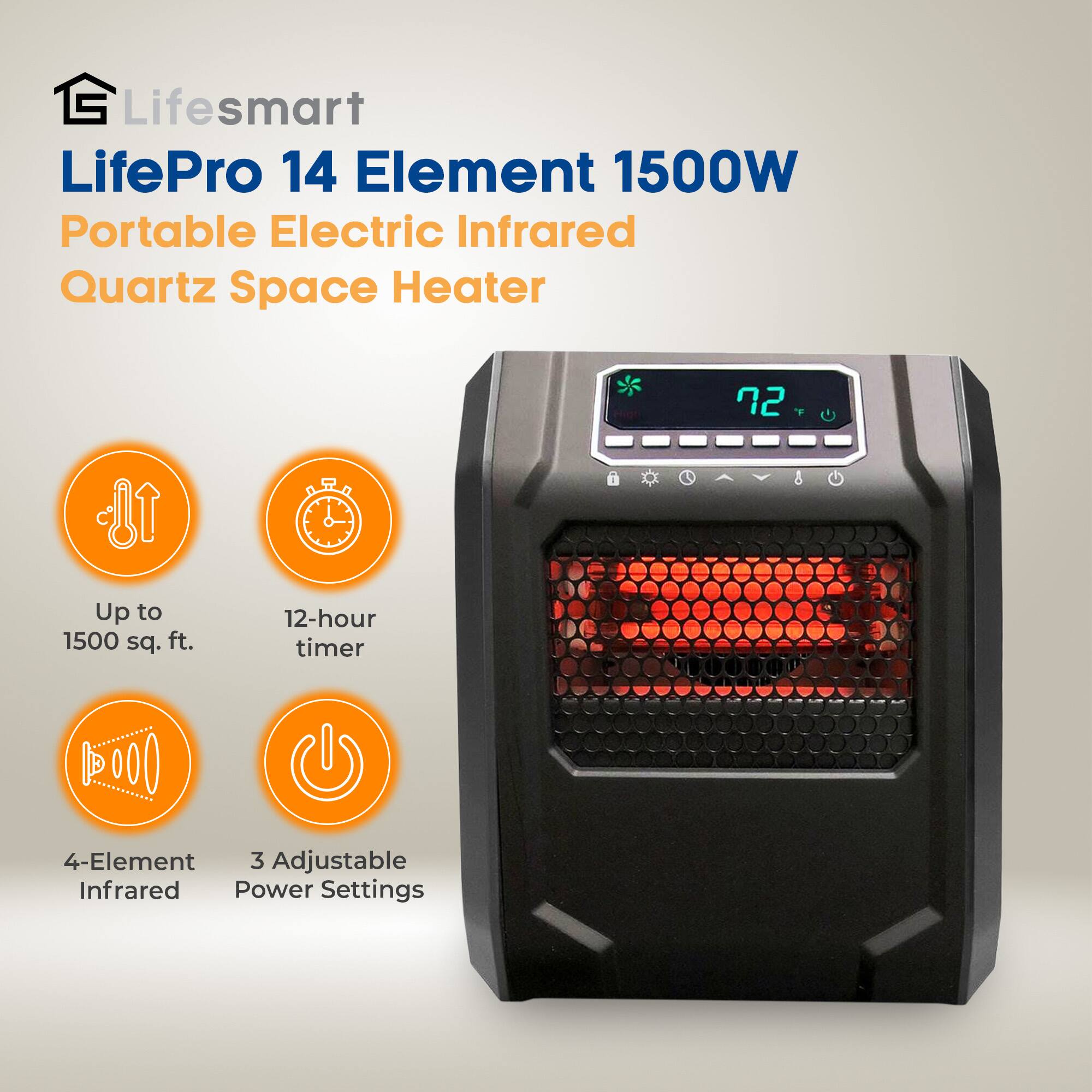 Lifesmart LifePro 14 Element 1500W Portable Electric Infrared Quartz Space Heater

- Up to 1500 sq. ft.
- 12-hour timer
- 4-Element Infrared
- 3 Adjustable Power Settings