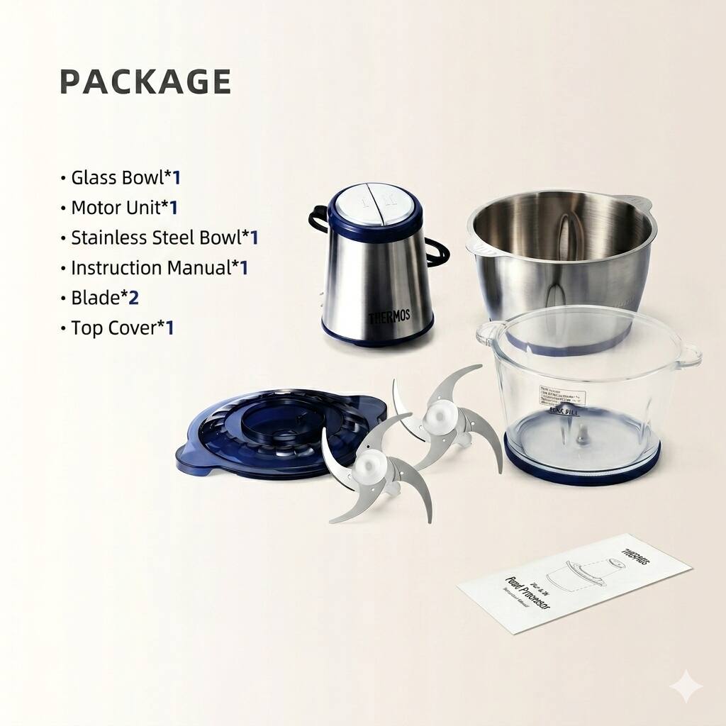 PACKAGE  
- Glass Bowl*1  
- Motor Unit*1  
- Stainless Steel Bowl*1  
- Instruction Manual*1  
- Blade*2  
- Top Cover*1  

ILL THERMOS EV ALPIRE Food Processor