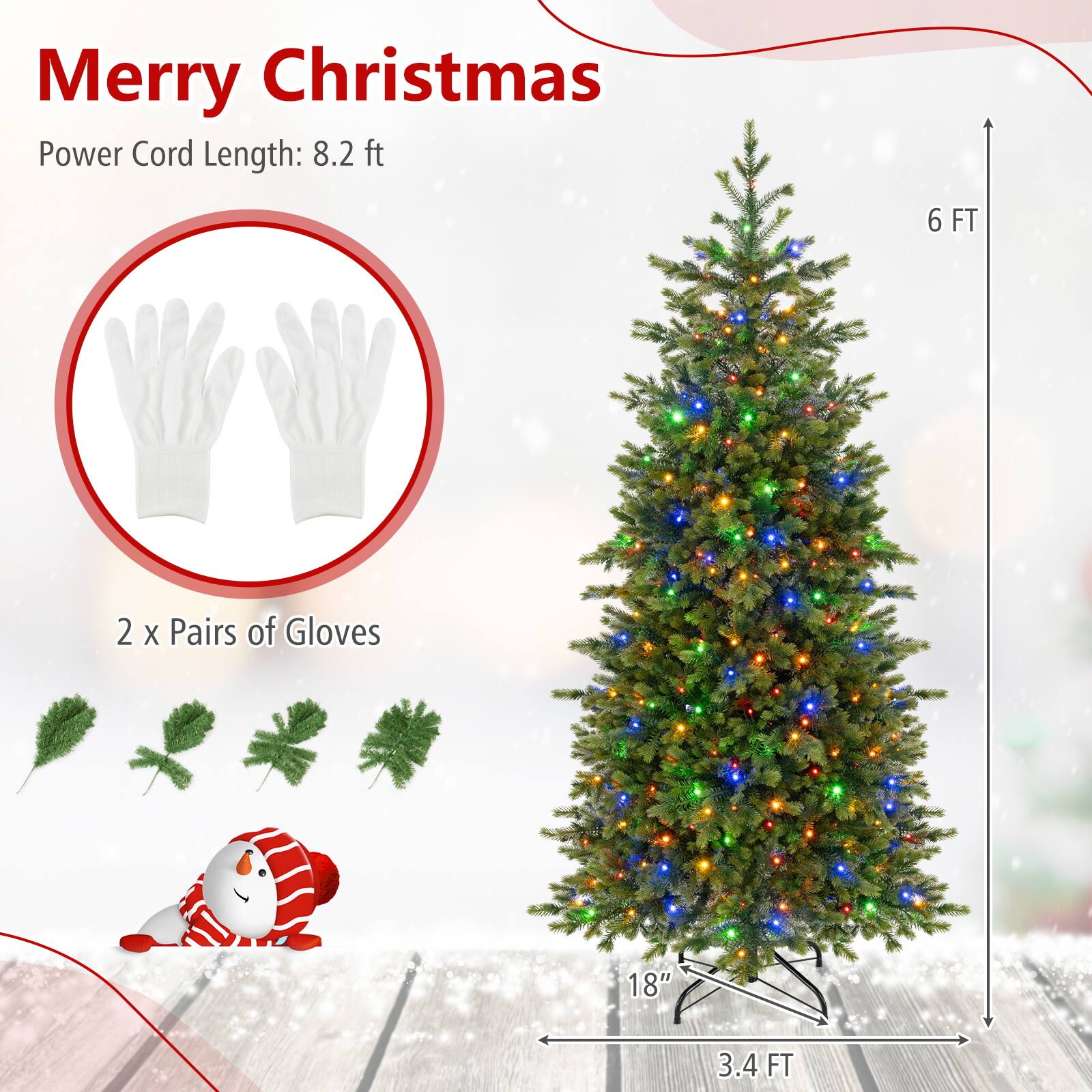 Merry Christmas  
Power Cord Length: 8.2 ft  
6 FT  
2 x Pairs of Gloves  
18"  
3.4 FT