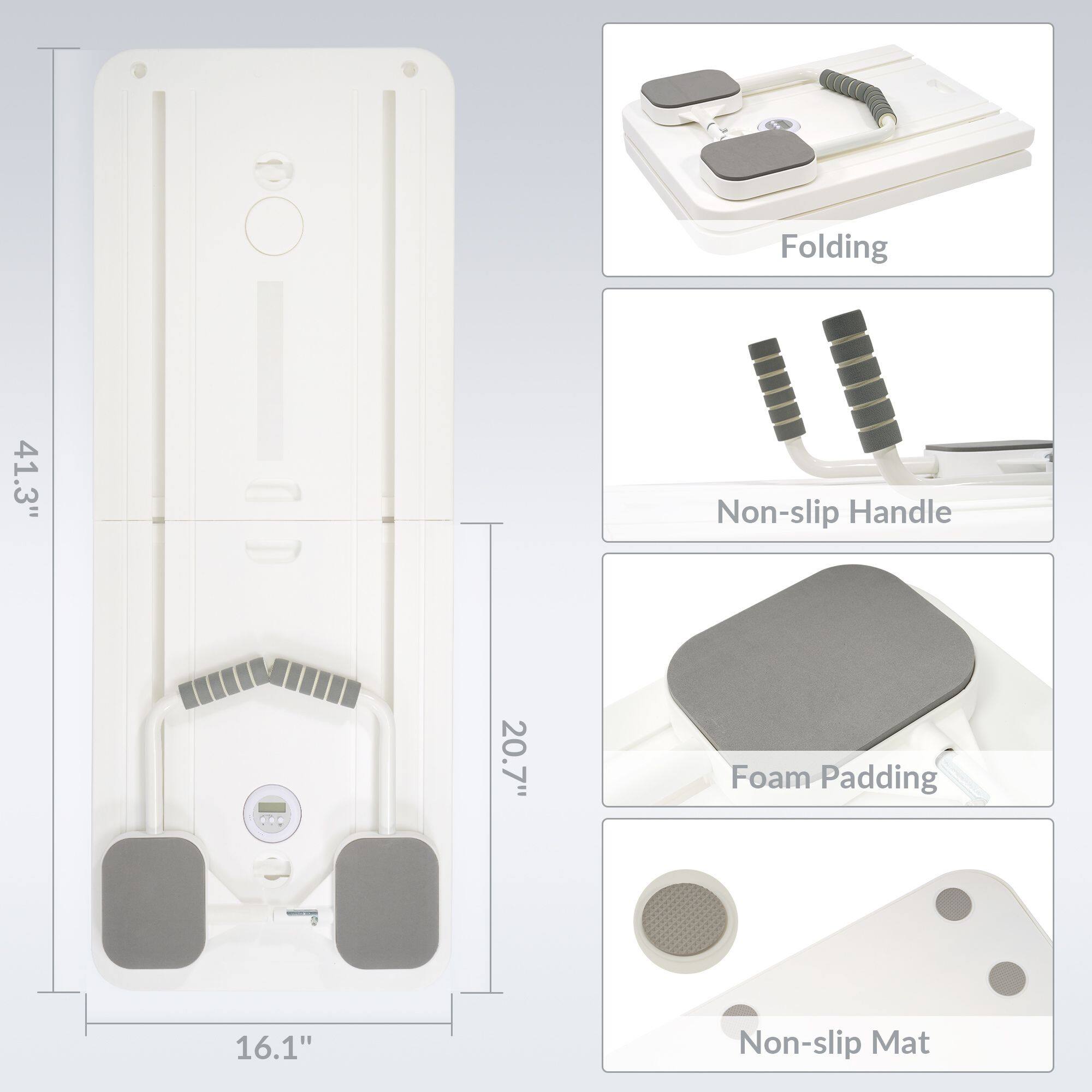 - Folding
- Non-slip Handle
- Foam Padding
- Non-slip Mat

Dimensions:
- 41.3" (height)
- 20.7" (width)
- 16.1" (depth)