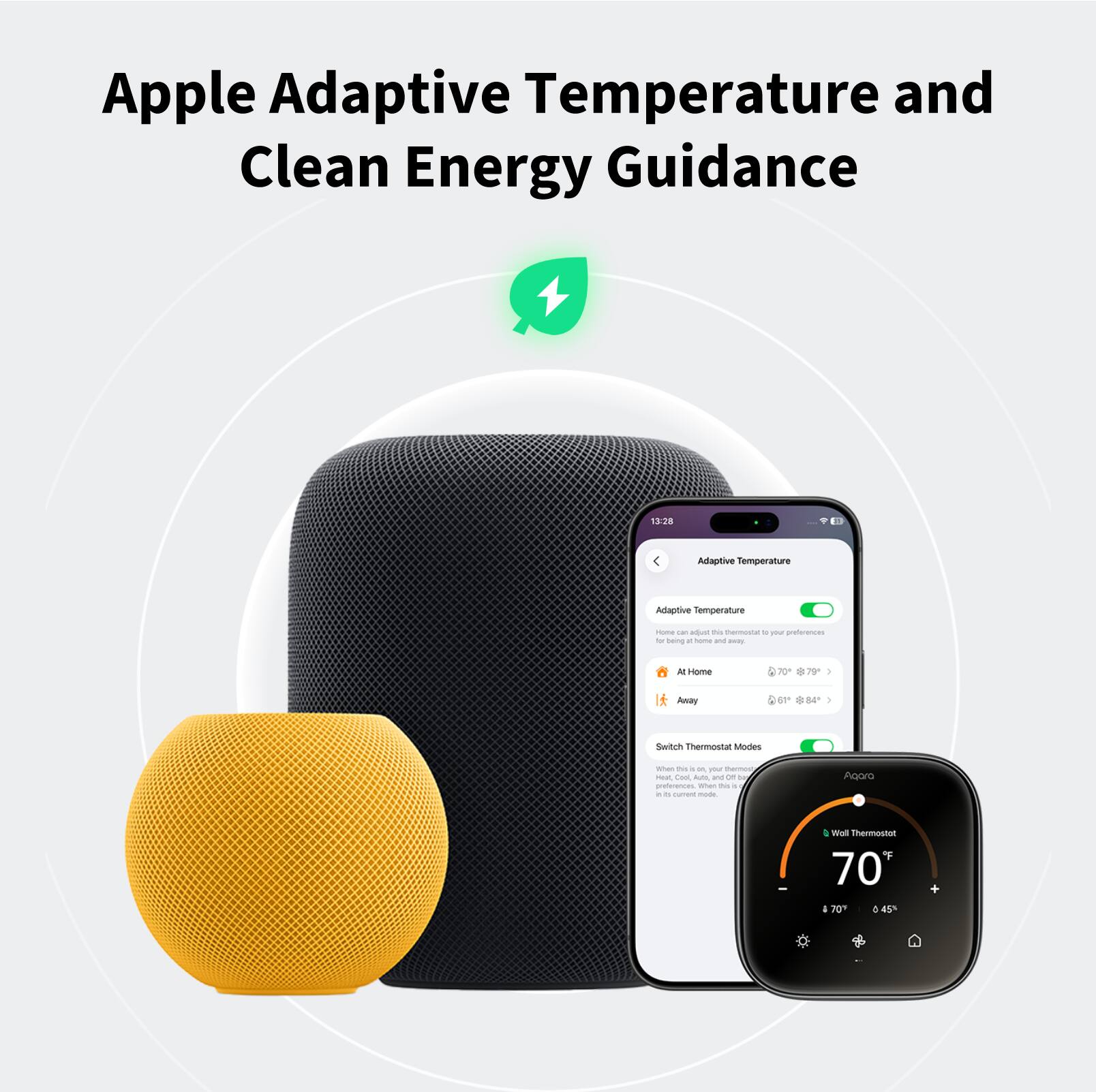 Apple Adaptive Temperature and Clean Energy Guidance

Adaptive Temperature
- At Home: 70°F - 79°F
- Away: 67°F - 84°F

Switch Thermostat Modes
- Wall Thermostat: 70°F, 0.45%