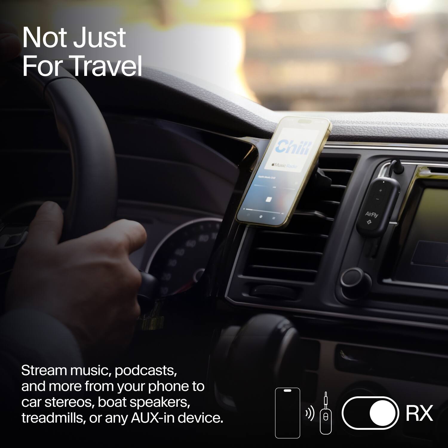Not Just For Travel

Stream music, podcasts, and more from your phone to car stereos, boat speakers, treadmills, or any AUX-in device.

RX