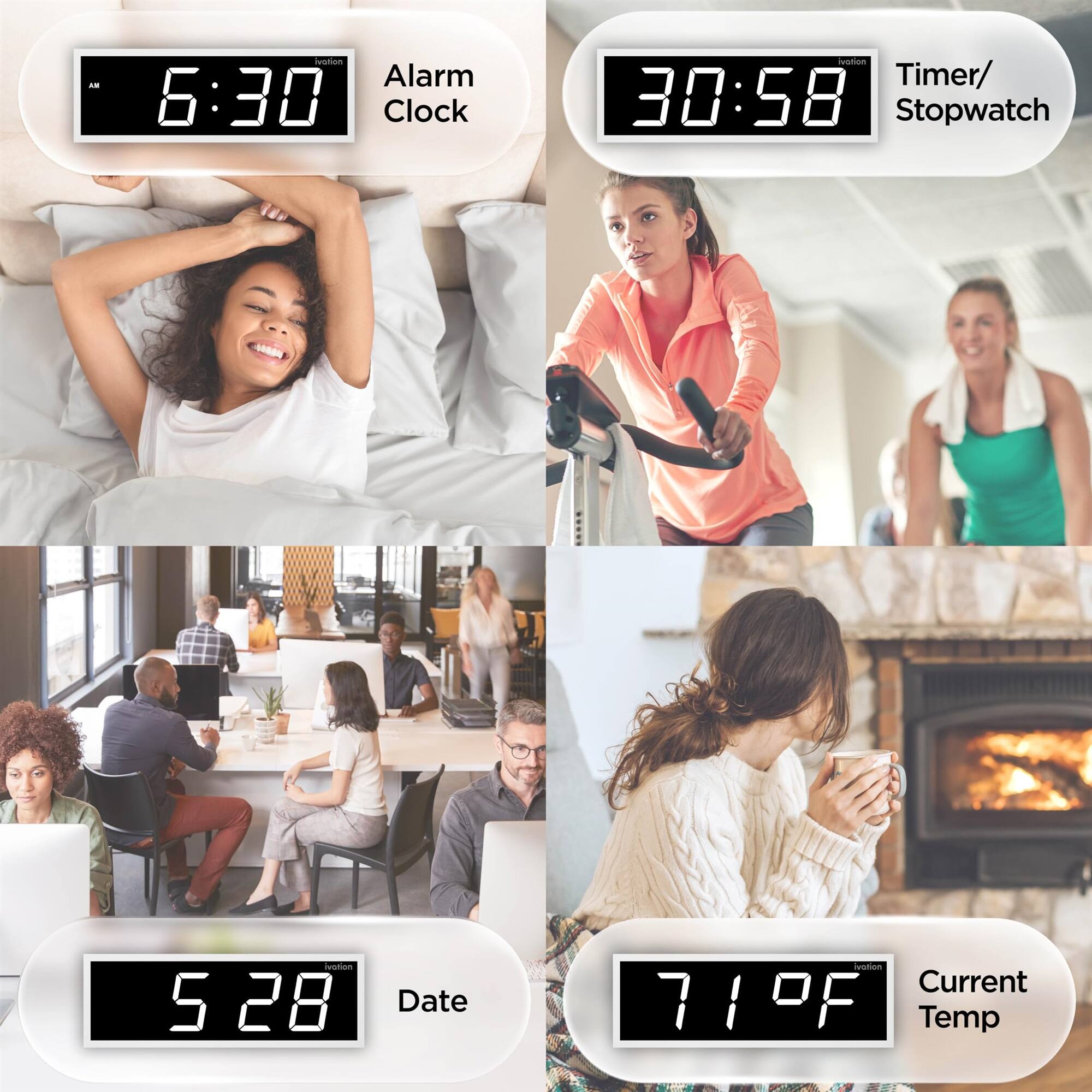 Alarm Clock 6:30  
Timer/Stopwatch 30:58  
Date 5 28  
Current Temp 71°F