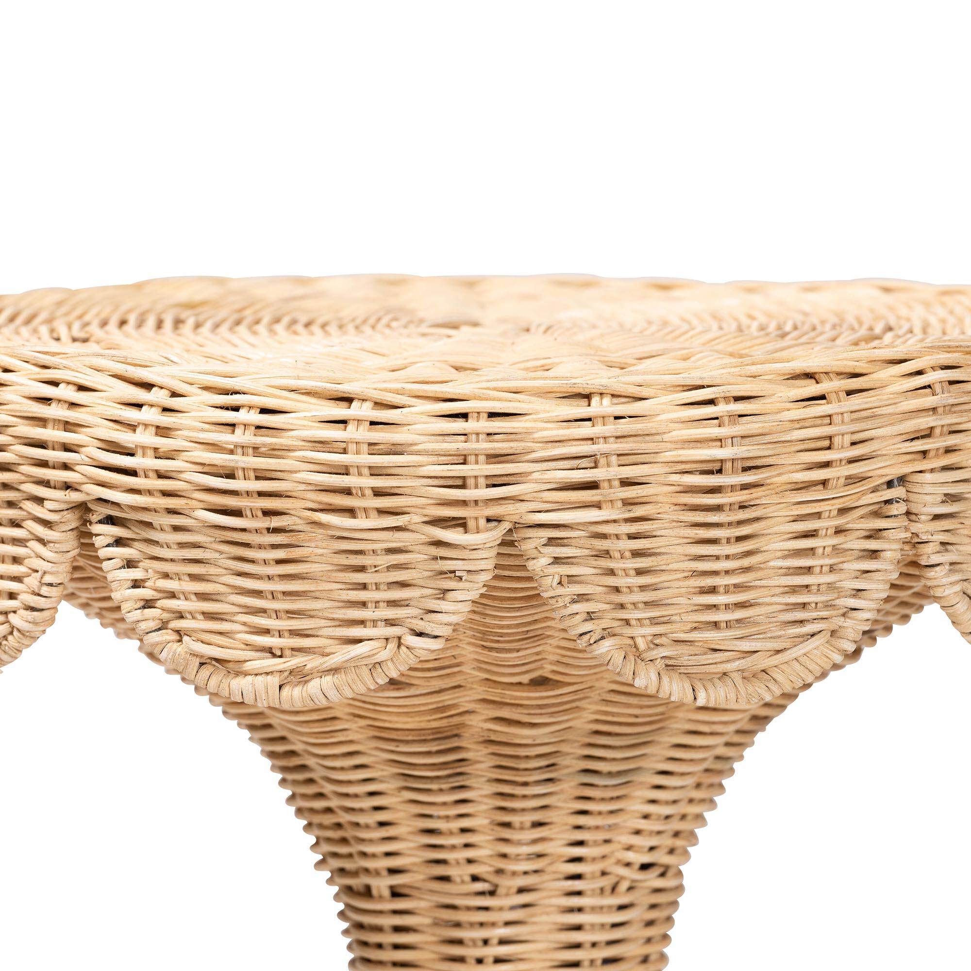 Angle. bali & pari - Natala Rattan End Table - Handwoven Wicker Tulip Accent Table, Scalloped Edge Side Table for Living Room - Light Honey.