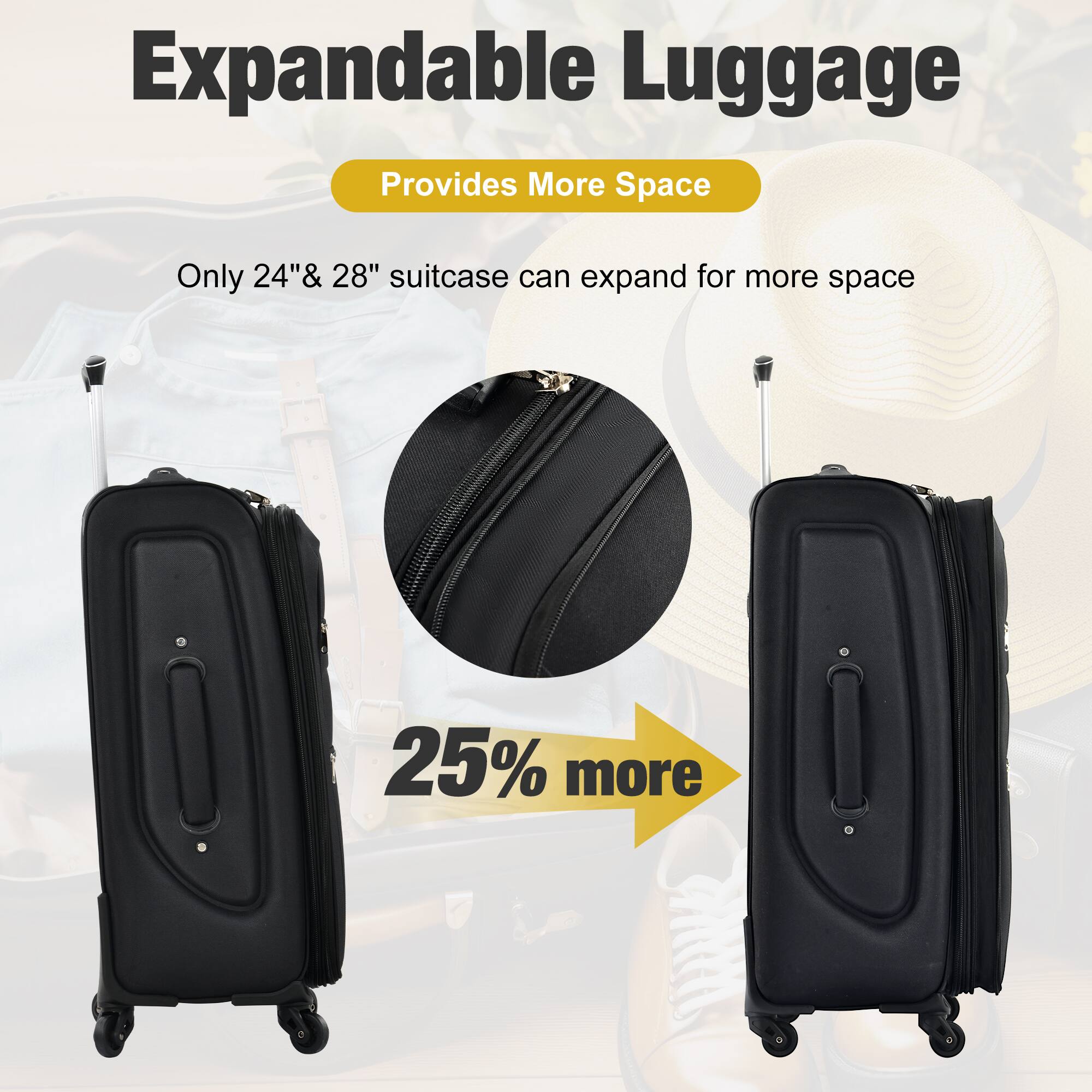 Expandable Luggage  
Provides More Space  

Only 24" & 28" suitcase can expand for more space  

25% more