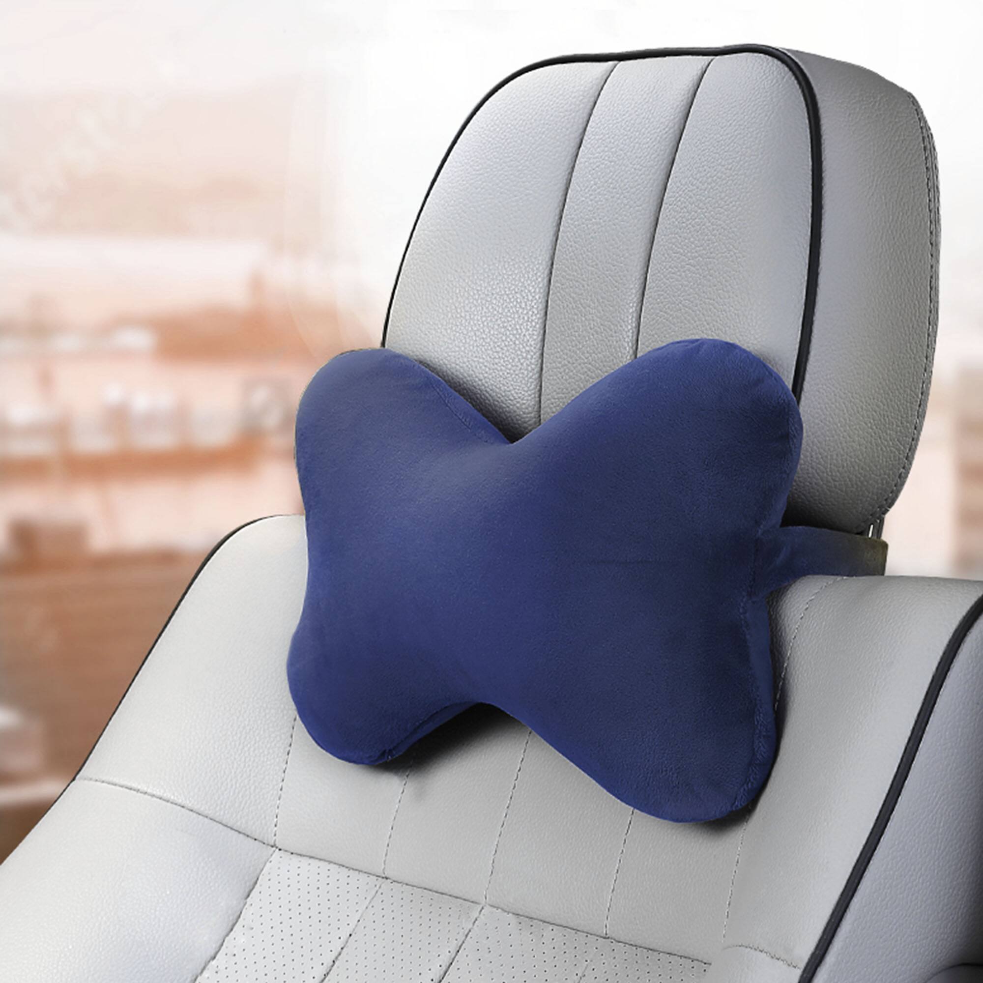 Angle. Oumilen - Bone-Shaped Memory Foam Car Pillow, Navy Blue - Blue.