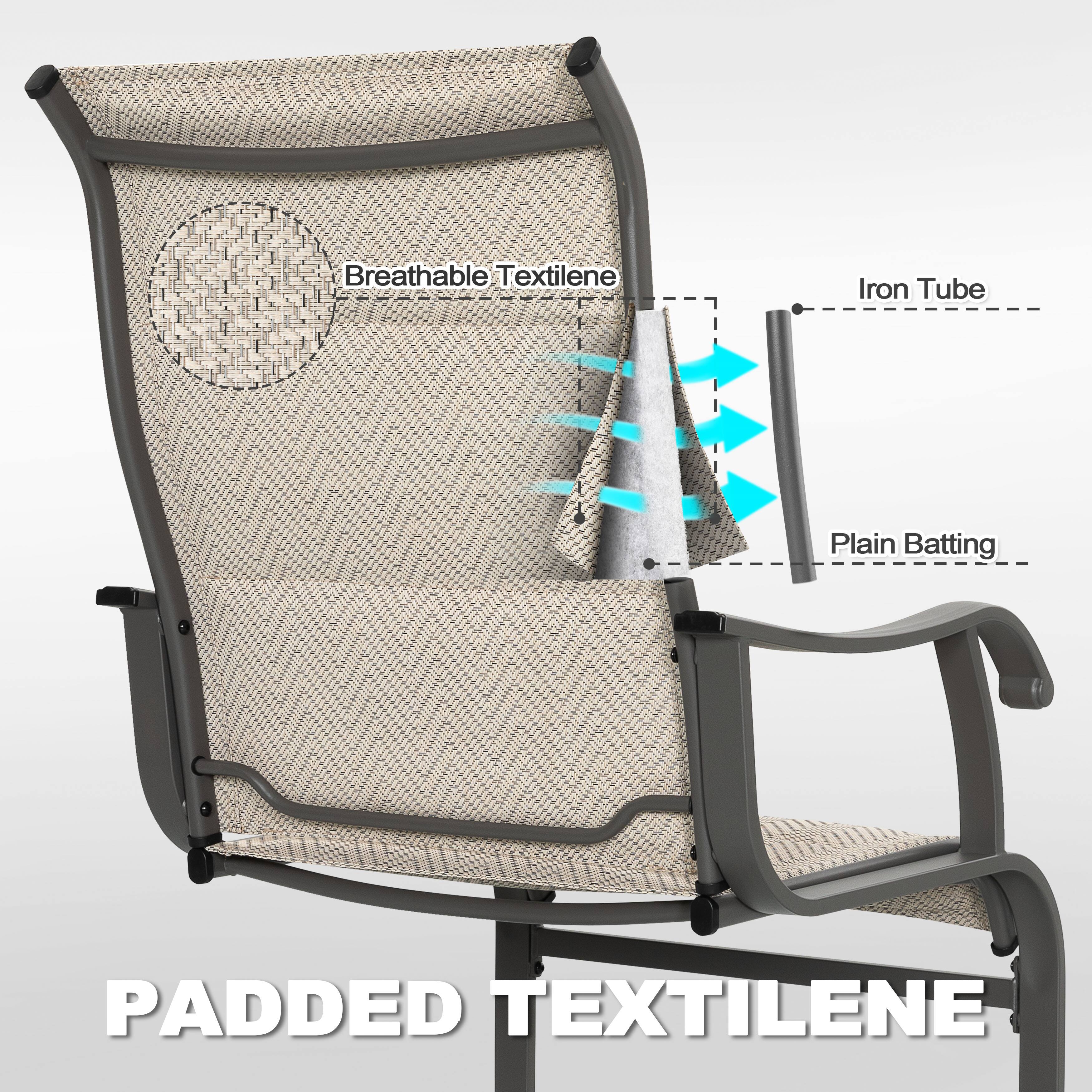 Breathable Textilene  
Iron Tube  
Plain Batting  

Padded Textilene