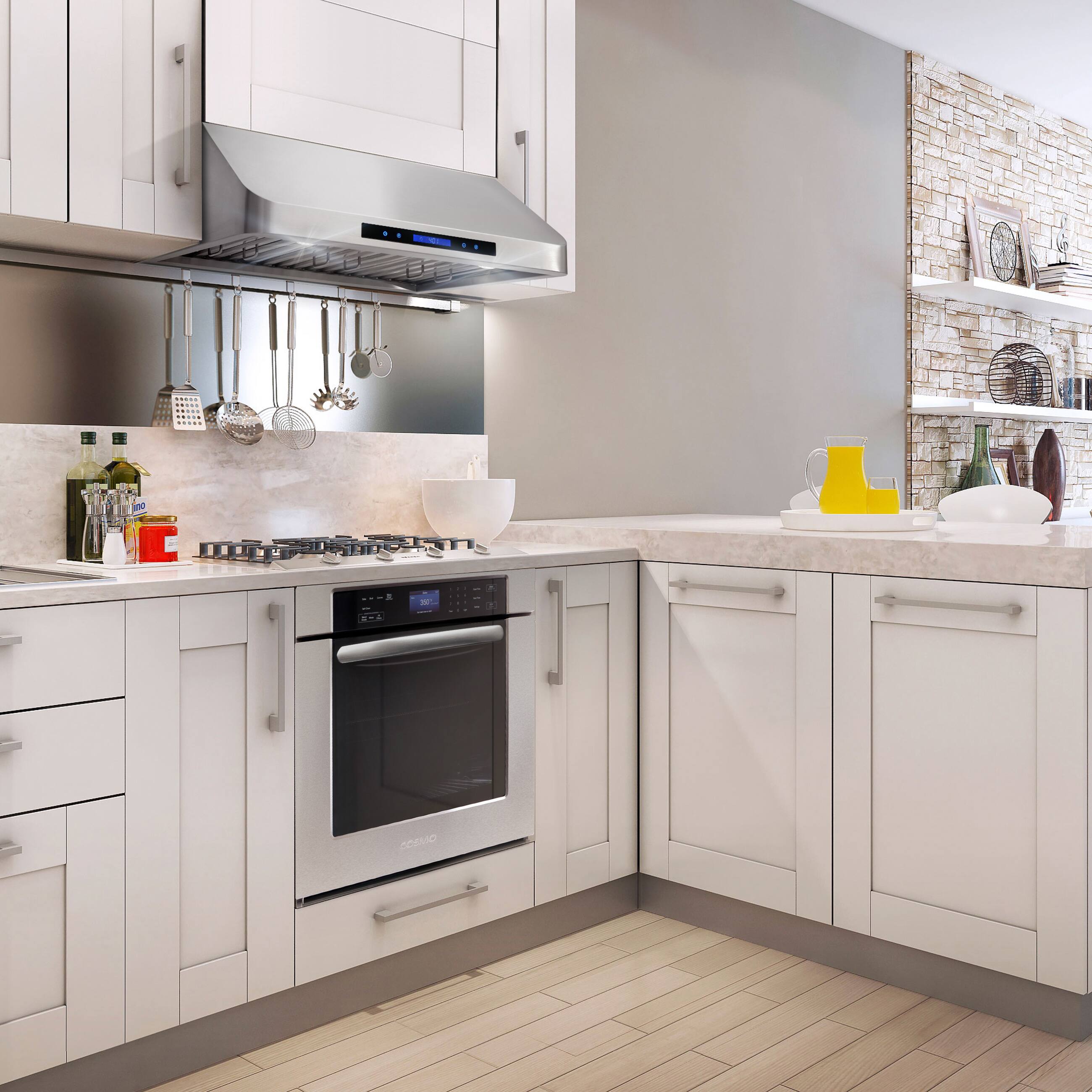 Angle. COSMO - COS-QS75 30 in. Haven Collection 500 CFM Ducted Under Cabinet Range Hood, Touch Controls, LED Lights - Stainless Steel.