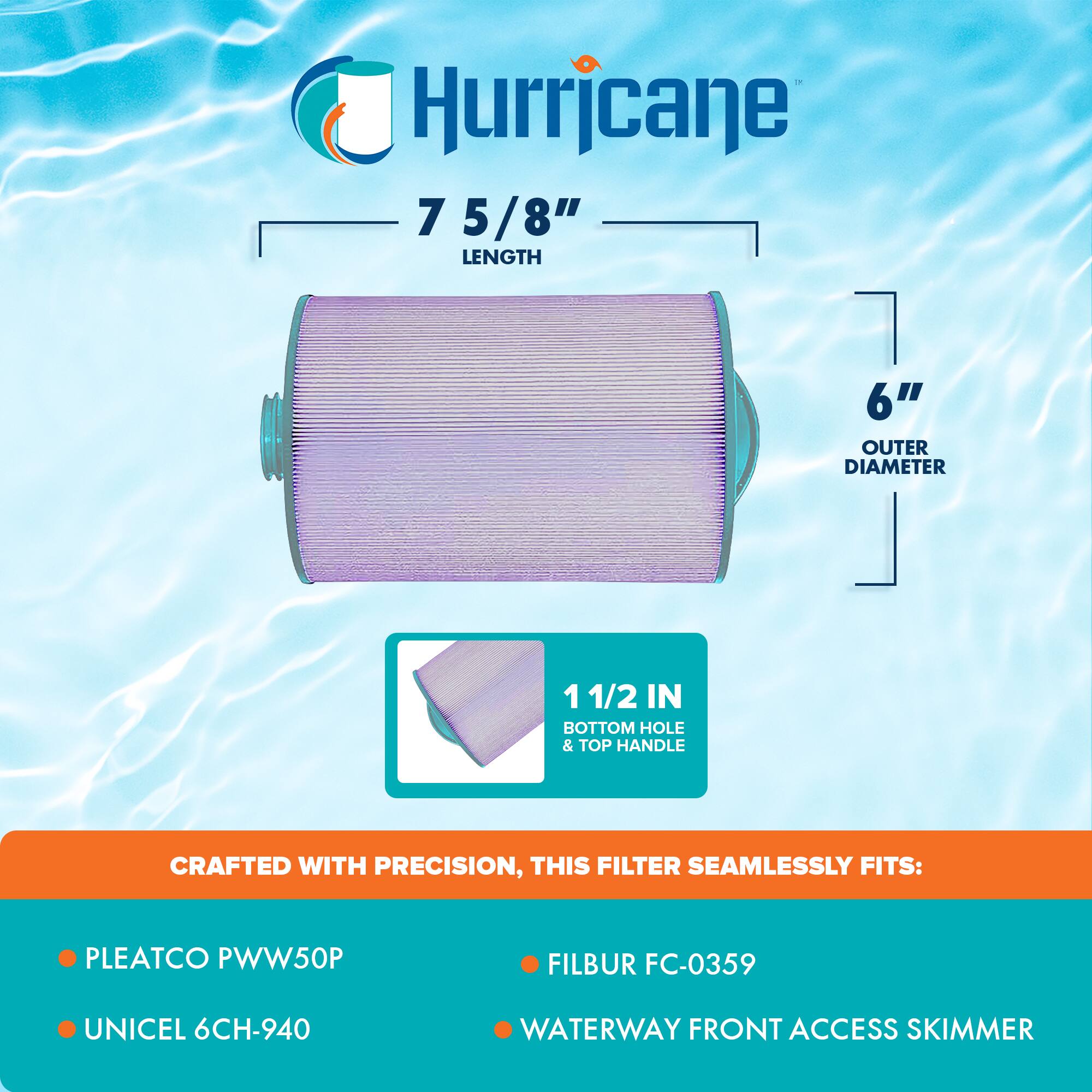 Hurricane 7 5/8" LENGTH 6" OUTER DIAMETER 1 1/2 IN BOTTOM HOLE & TOP HANDLE CRAFTED WITH PRECISION, THIS FILTER SEAMLESSLY FITS: PLEATCO PWW50P FILBUR FC-0359 UNICEL 6CH-940 WATERWAY FRONT ACCESS SKIMMER