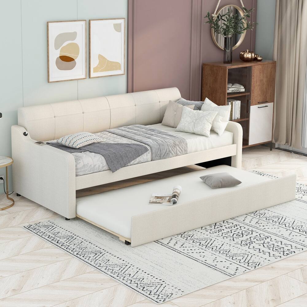 Left. Loheer - Loheer Twin Daybed with Trundle Upholstered Beige Sofa Bed USB - Beige.