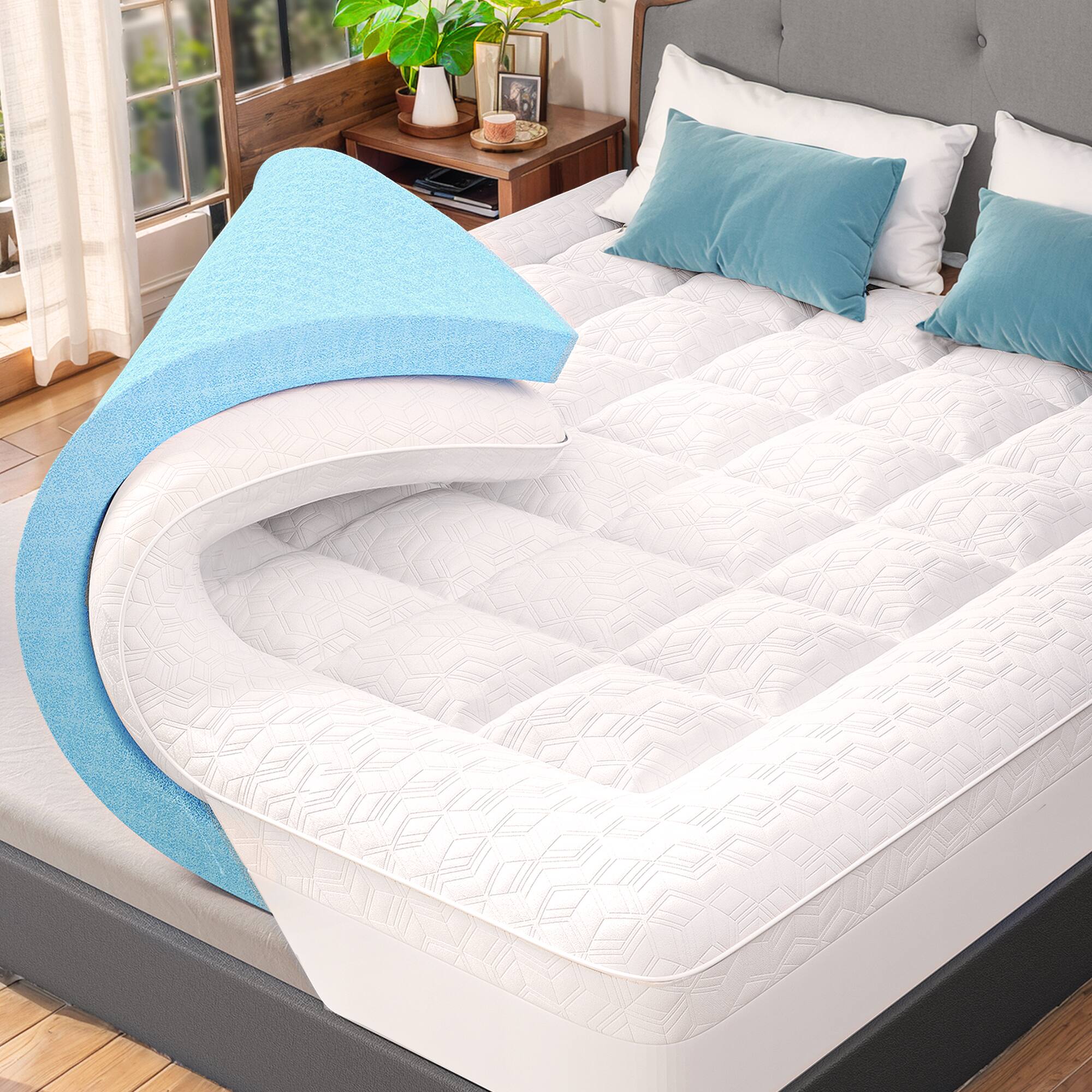 Front. KERDOM - Double Layer 3 Inch Memory Foam Mattress Topper Set for Back Pain Relief & Comfort Sleep Ergonomic Breathable Bed Pad - White.