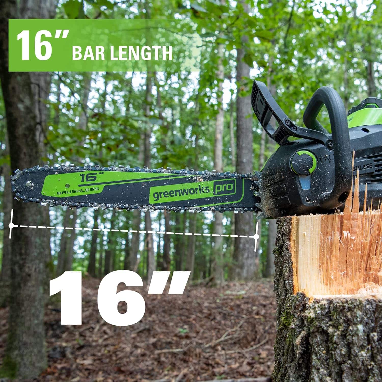 The text on the image reads "16" BAR LENGTH 16" BRUSHLESS ESS greenworks pro e SPILESS 16". This text describes a 16-inch bar length and a brushless motor for the Greenworks Pro chainsaw.