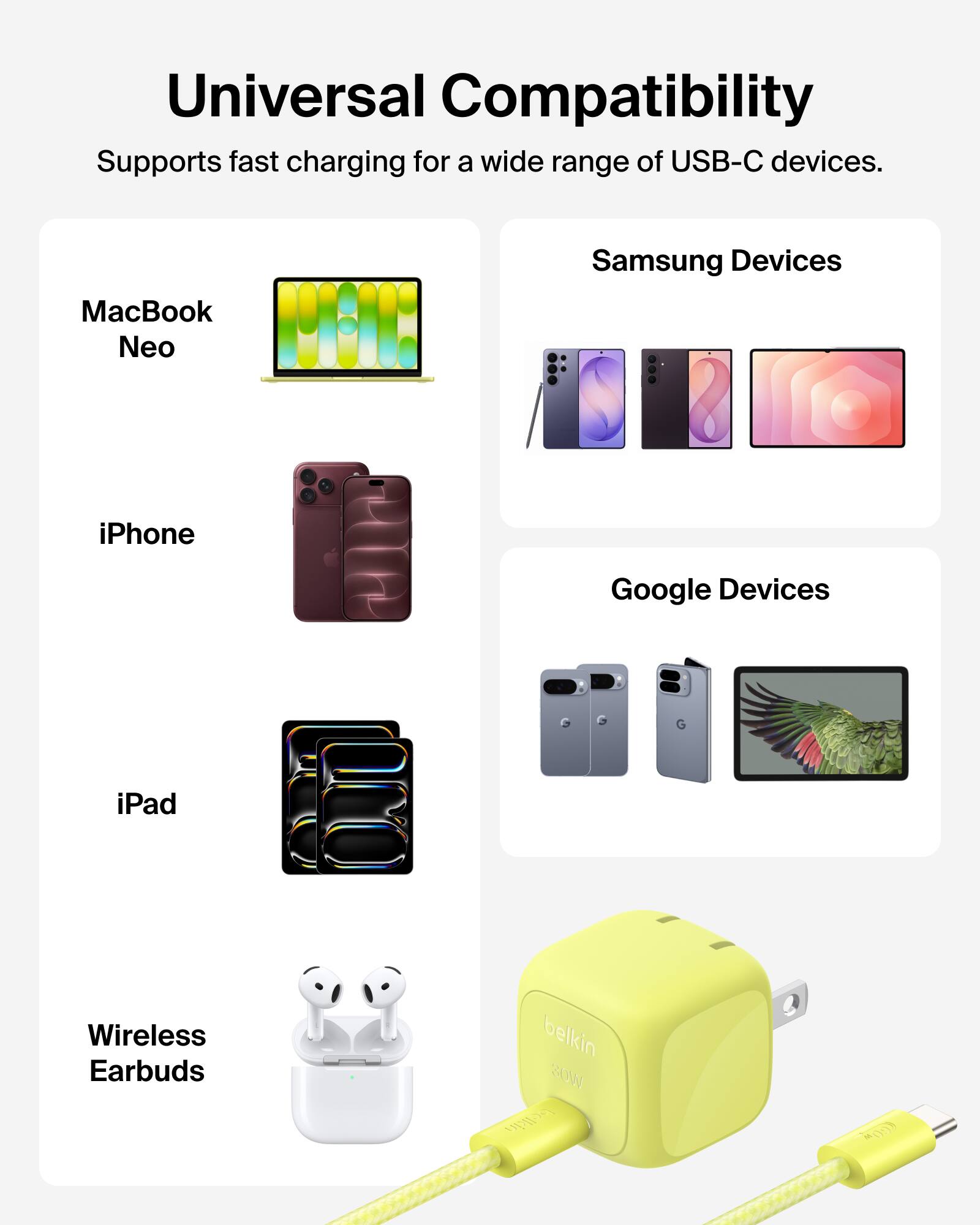 Universal Compatibility  
Supports fast charging for a wide range of USB-C devices.  

- MacBook Neo  
- Samsung Devices  
- iPhone  
- Google Devices  
- iPad  
- Wireless Earbuds  

belkin 30W