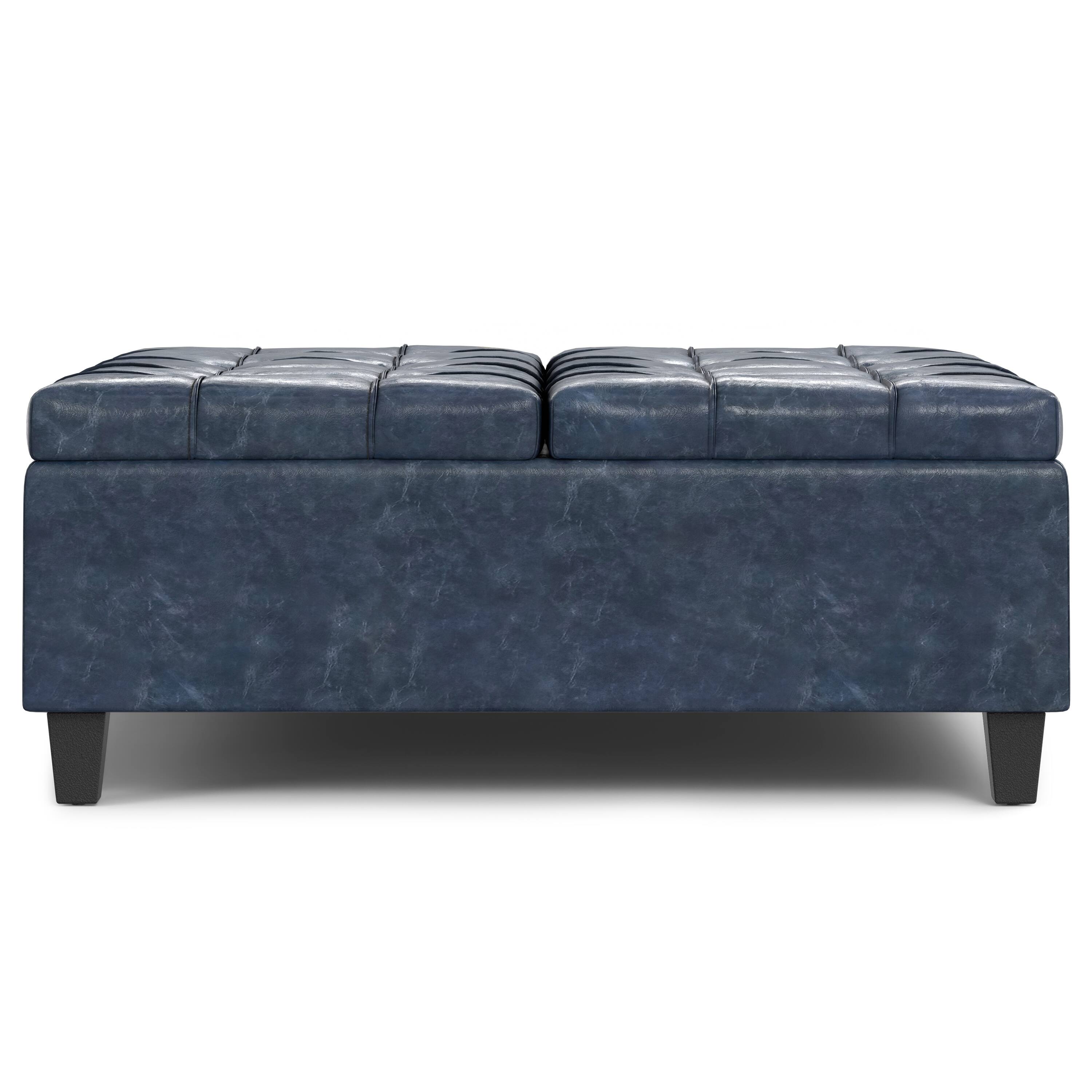 Left. Simpli Home - Harrison 40 inch Wide Large Square Coffee Table Storage Ottoman in Denim Blue Vegan Leather - Denim Blue.