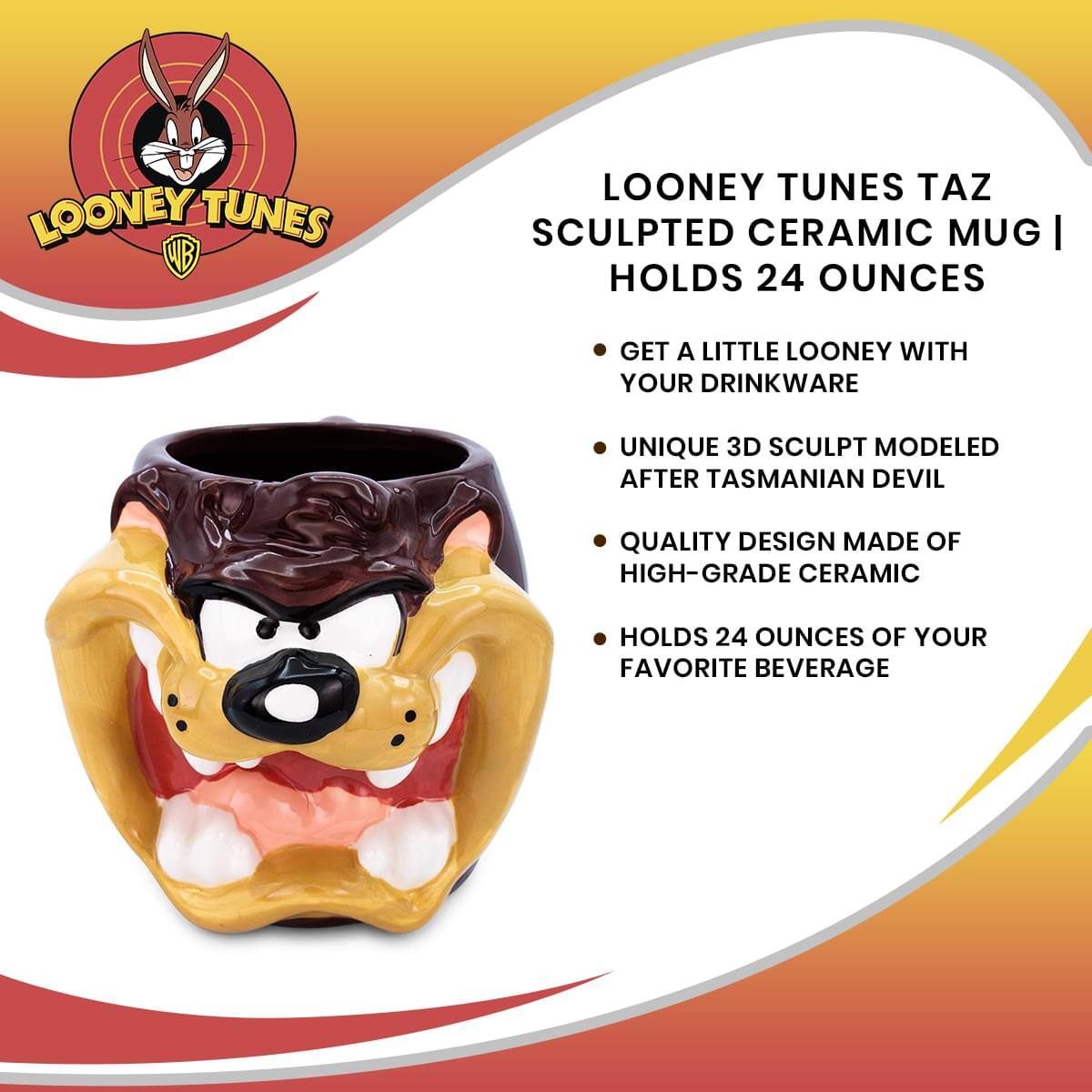 LOONEY TUNES TAZ SCULPTED CERAMIC MUG | HOLDS 24 OUNCES

- GET A LITTLE LOONEY WITH YOUR DRINKWARE
- UNIQUE 3D SCULPT MODELED AFTER TASMANIAN DEVIL
- QUALITY DESIGN MADE OF HIGH-GRADE CERAMIC
- HOLDS 24 OUNCES OF YOUR FAVORITE BEVERAGE