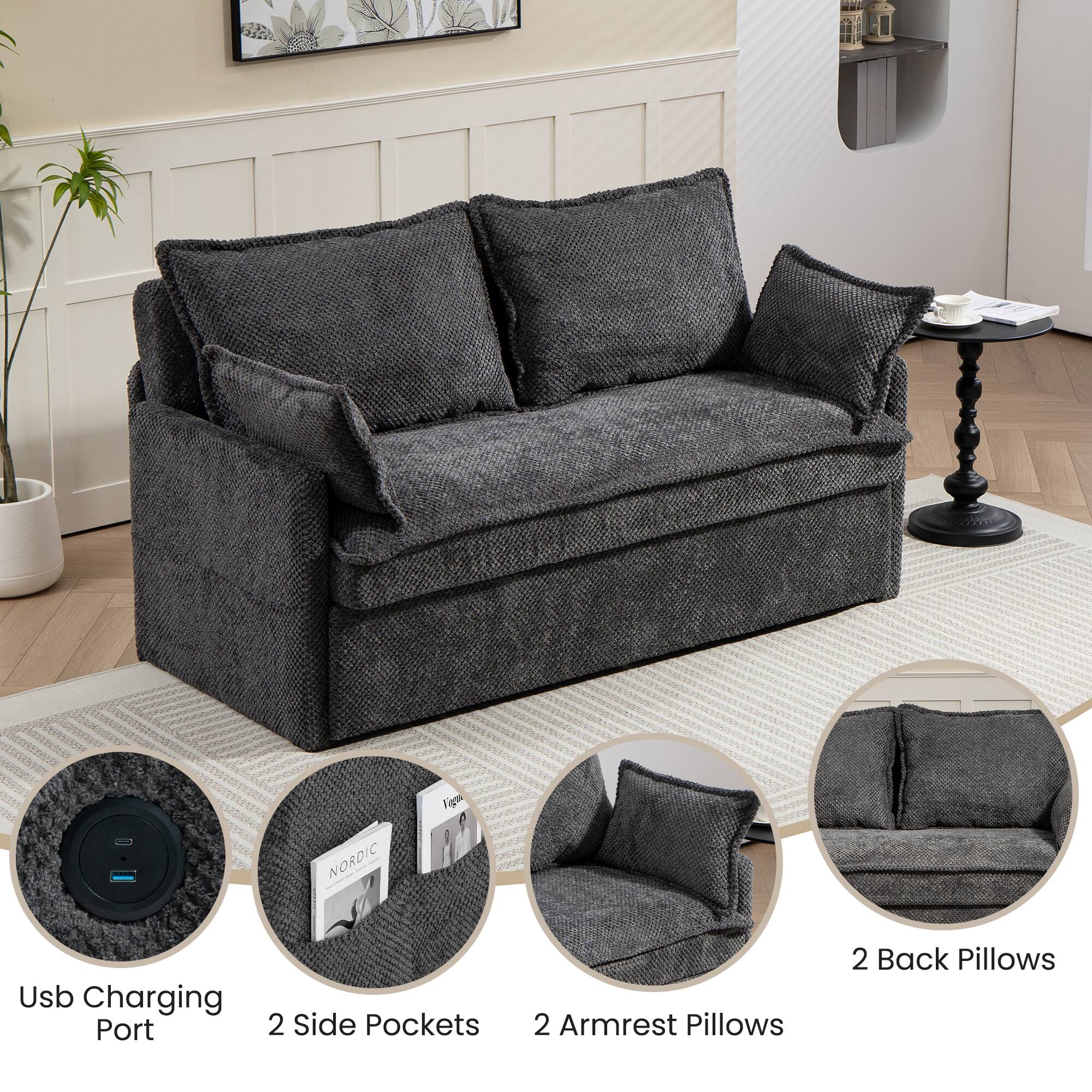 Ligri NORDIC  
- USB Charging Port  
- 2 Side Pockets  
- 2 Armrest Pillows  
- 2 Back Pillows