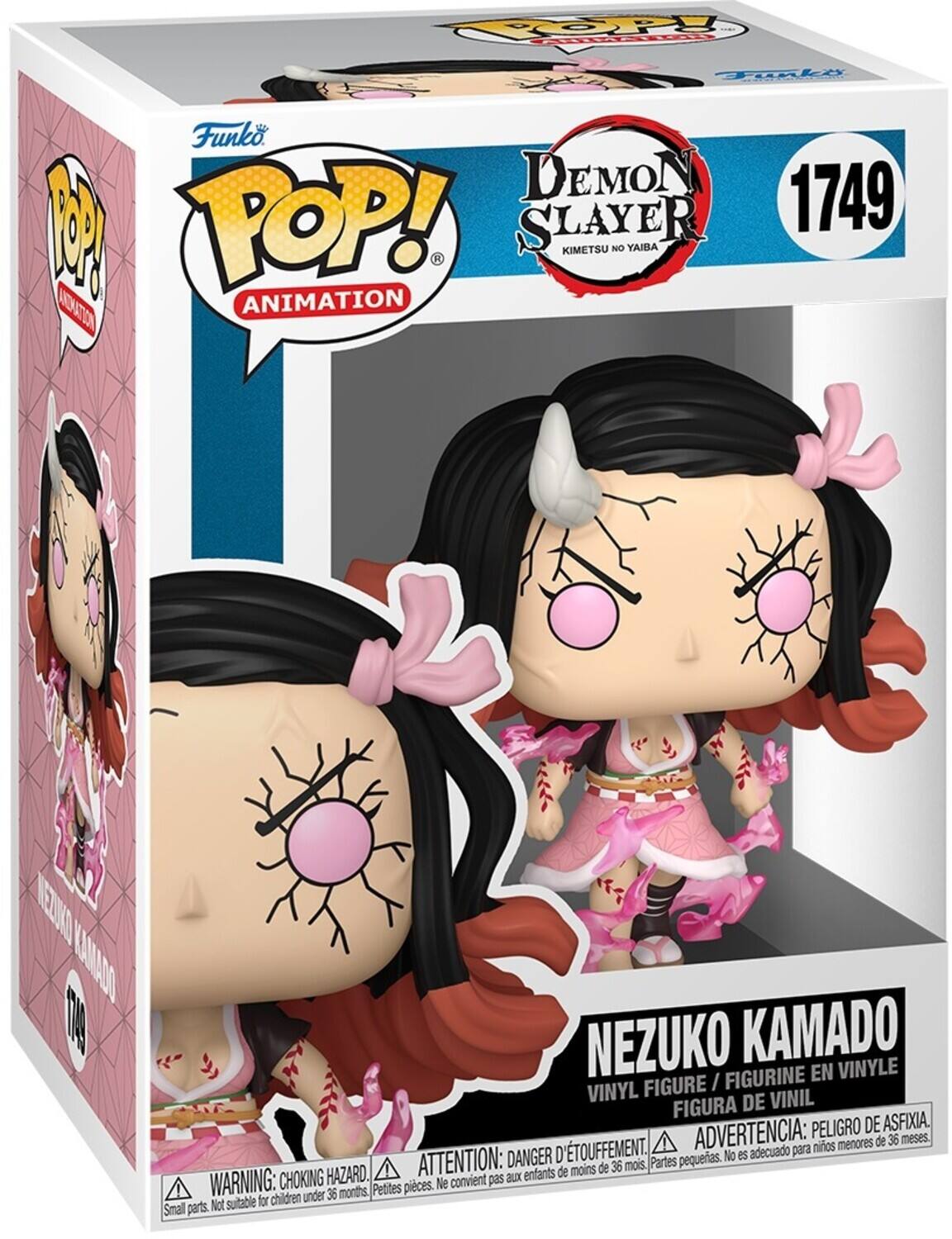 Sure, here is the corrected and grouped text from the image:

---

**Funko POP! Animation**

**Demon Slayer Kimetsu no Yaiba**

**1749**

**Nezuko Kamado**

**Vinyl Figure / Figurine en Vinyle / Figura de Vinil**

**Warning: Choking Hazard. Small parts. Not suitable for children under 36 months.**

**Attention: Danger d'étouffement. Petites pièces. Ne convient pas aux enfants de moins de 36 mois.**

**Advertencia: Peligro de asfixia. Partes pequeñas. No es adecuado para niños menores de 36 meses.**

---