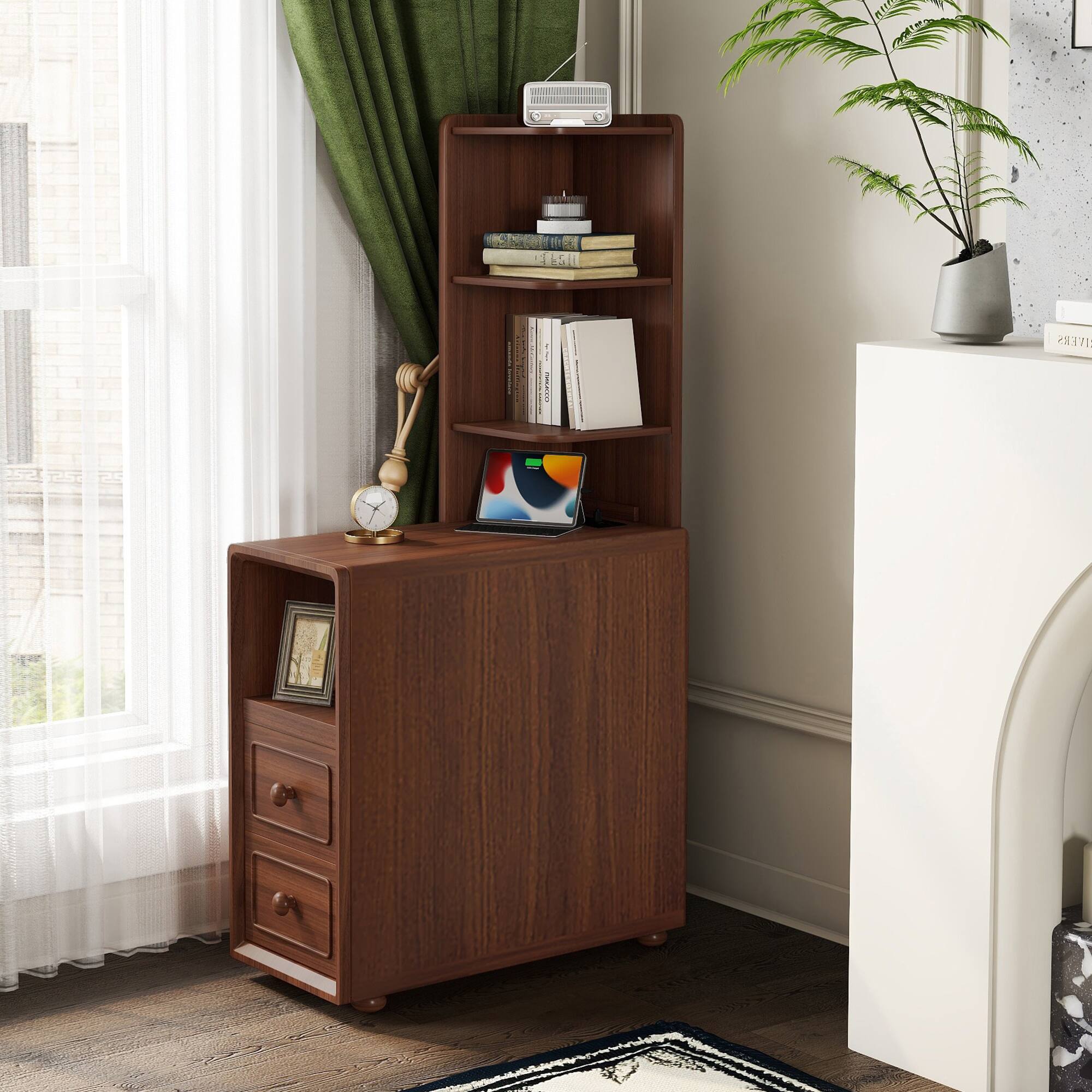 Back. Spaco - Spaco Nightstand 2 with Drawers and Open Shelves, Corner Table, Tall End Table for Small Spaces, Bedroom - Walnut.