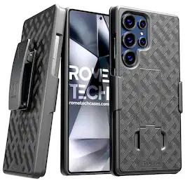 RomeTech - Samsung Galaxy S25 Ultra (2025) Belt Clip Holster Phone Case + 3-Pack Glass Screen Protector - Black