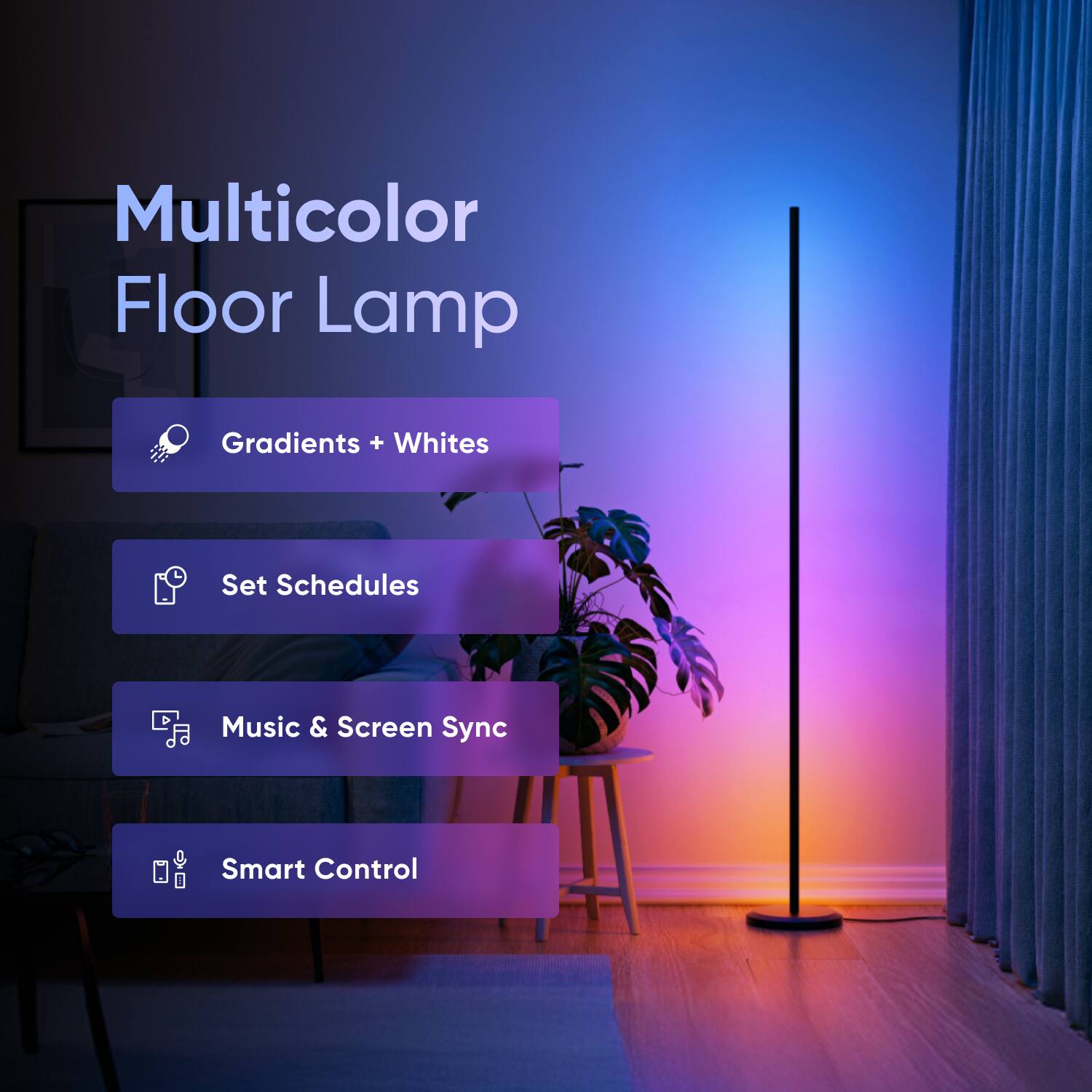 Multicolor Floor Lamp: Gradients + Whites, Set Schedules, Music & Screen Sync, Smart Control