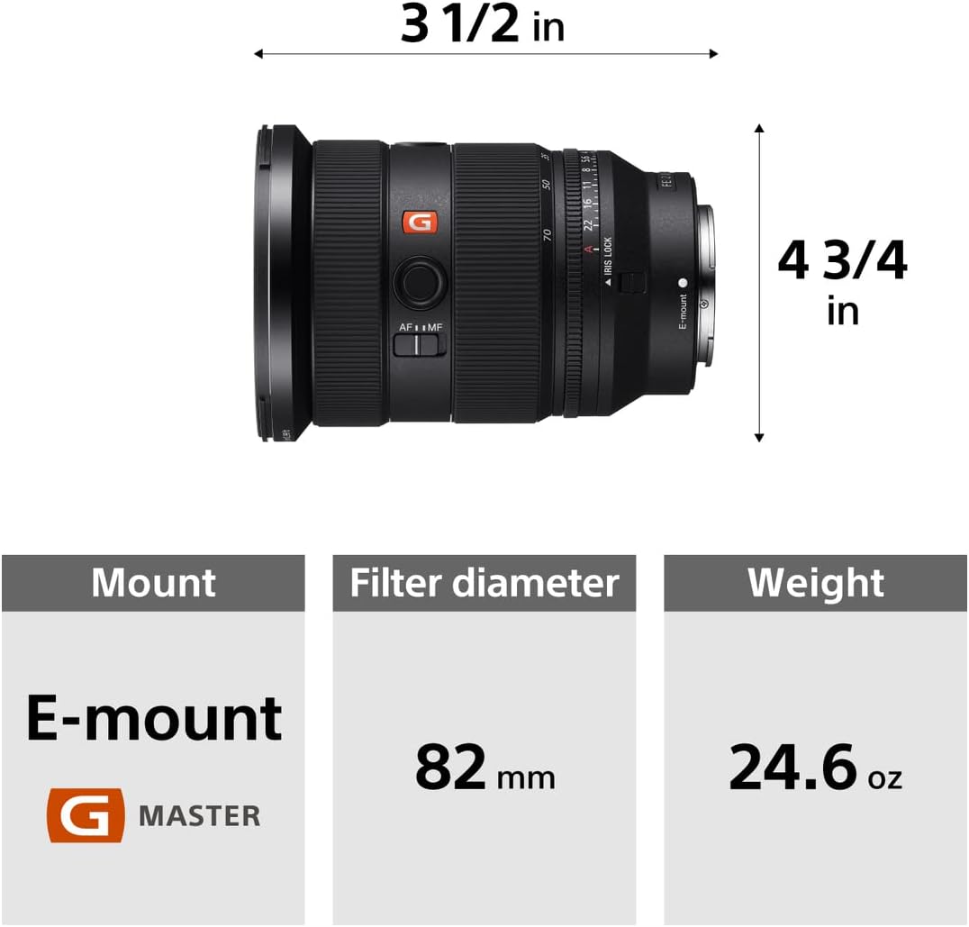 3 1/2 in  
4 3/4 in  

Mount: E-mount  
Filter diameter: 82 mm  
Weight: 24.6 oz